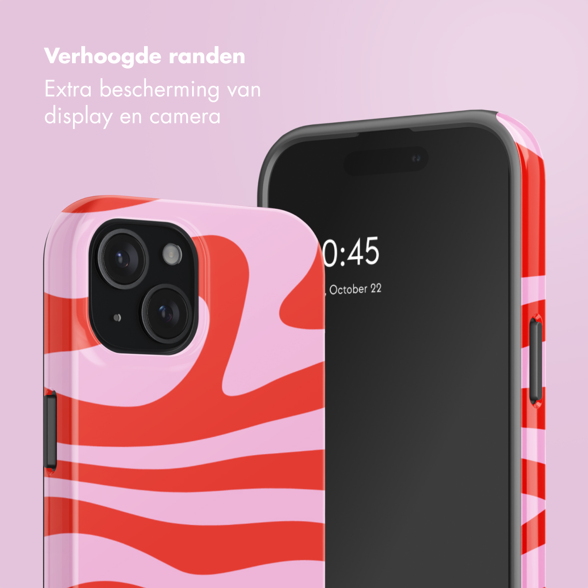 A pink phone case with red waves and a smartphone.