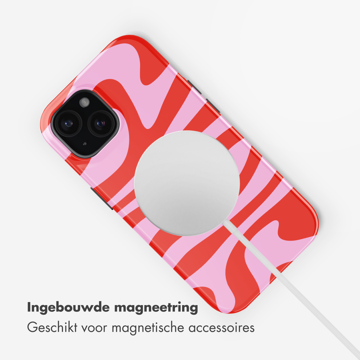 Red and pink phone case with swirl pattern and charging port.