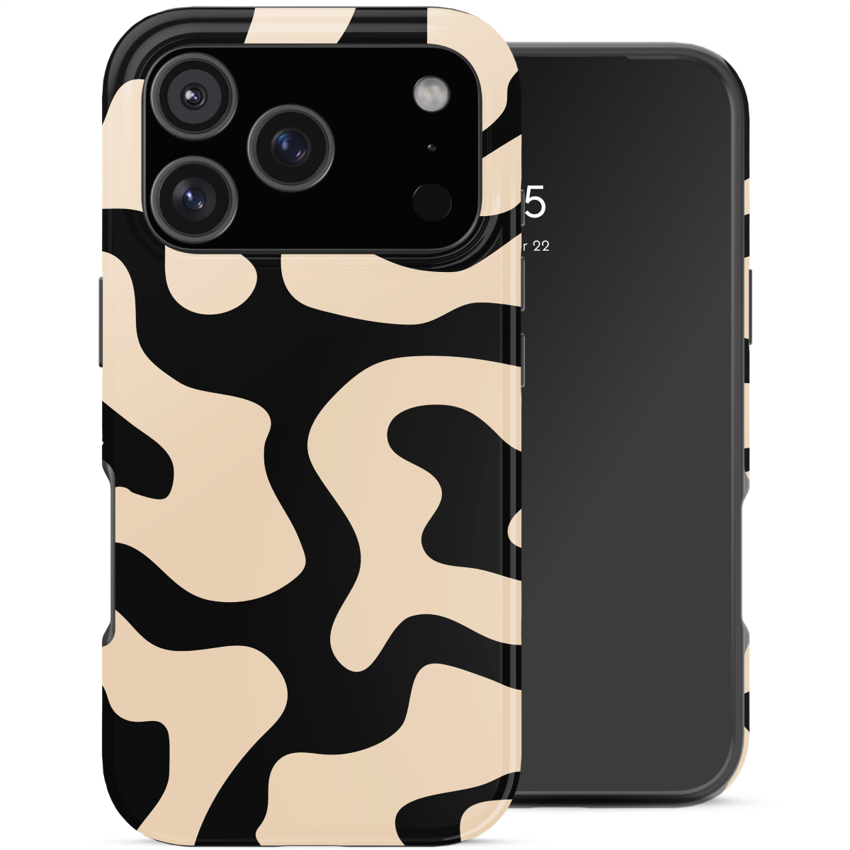 Een telefoon met een beige en zwart golvend patroon wordt naast een telefoon getoond.