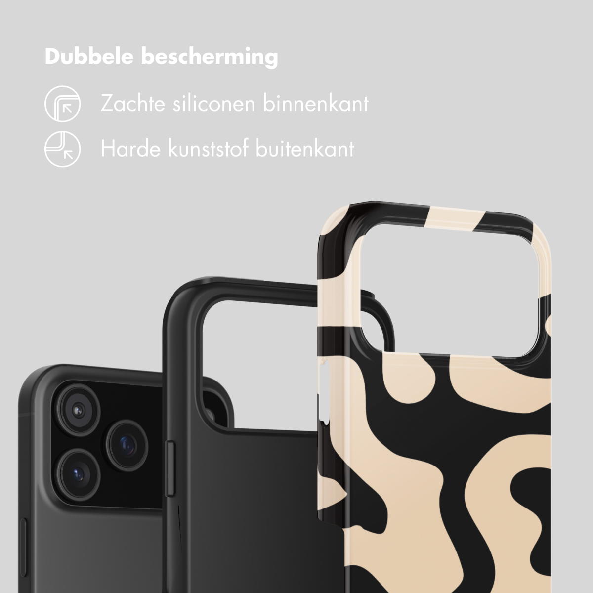 Drie telefoonhoesjes: zwart met camera's, effen zwart en een met beige-zwart patroon.