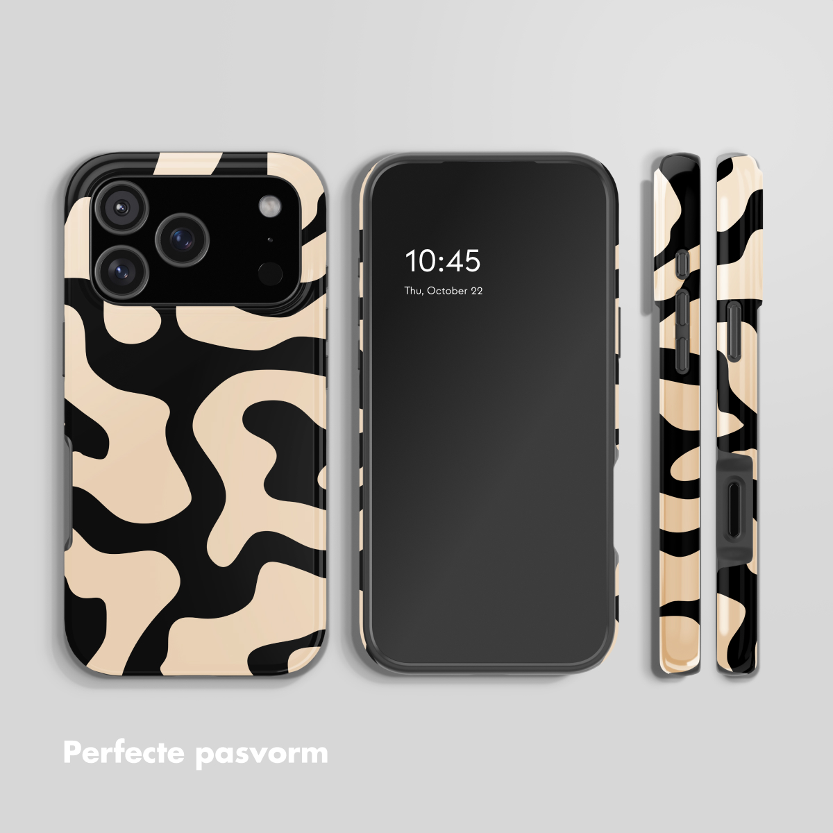 Een telefoonhoes met een abstract patroon van beige en zwarte vormen.