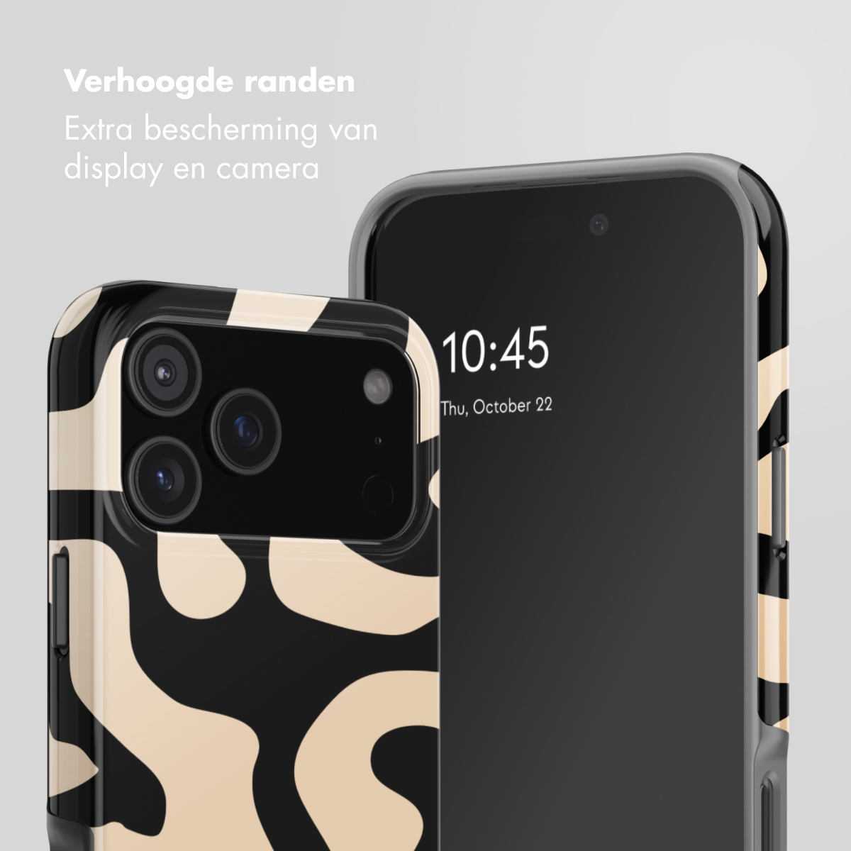 Een telefoon met een zwart-beige hoes toont 10:45.