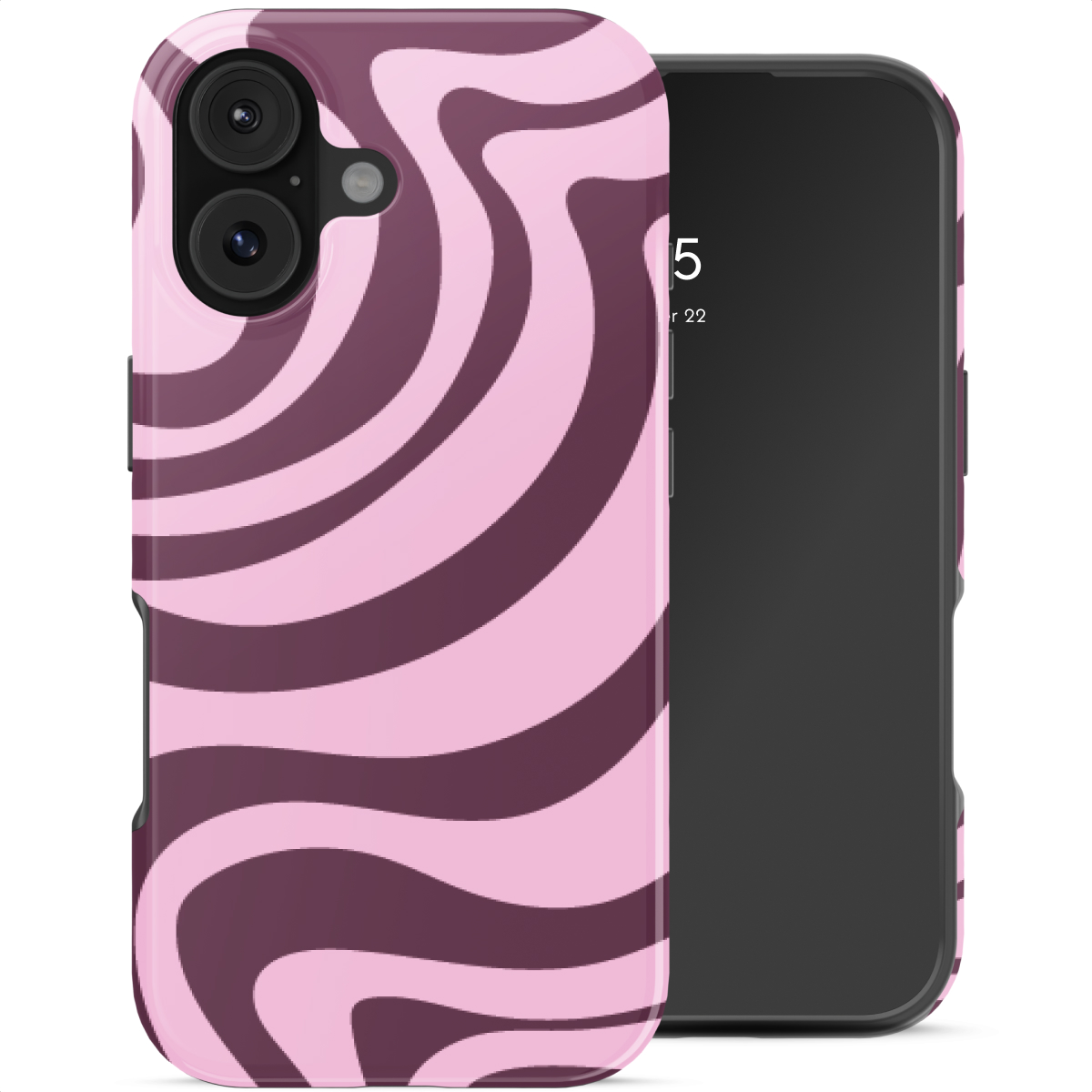 Una cover per telefono con vortici rosa e viola accanto a uno smartphone.