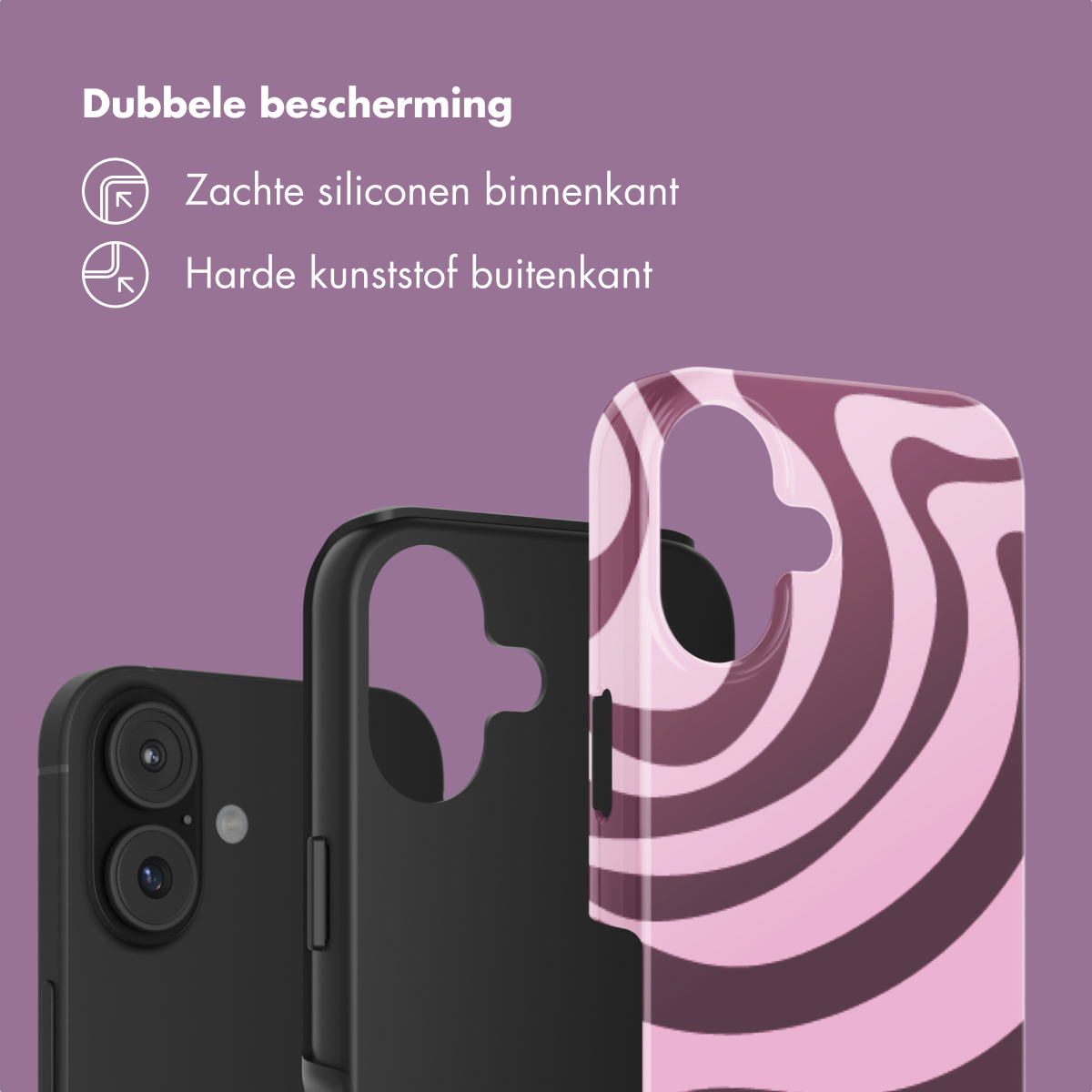 Tre custodie per telefono rosa e nere che mostrano strati di silicone e plastica.