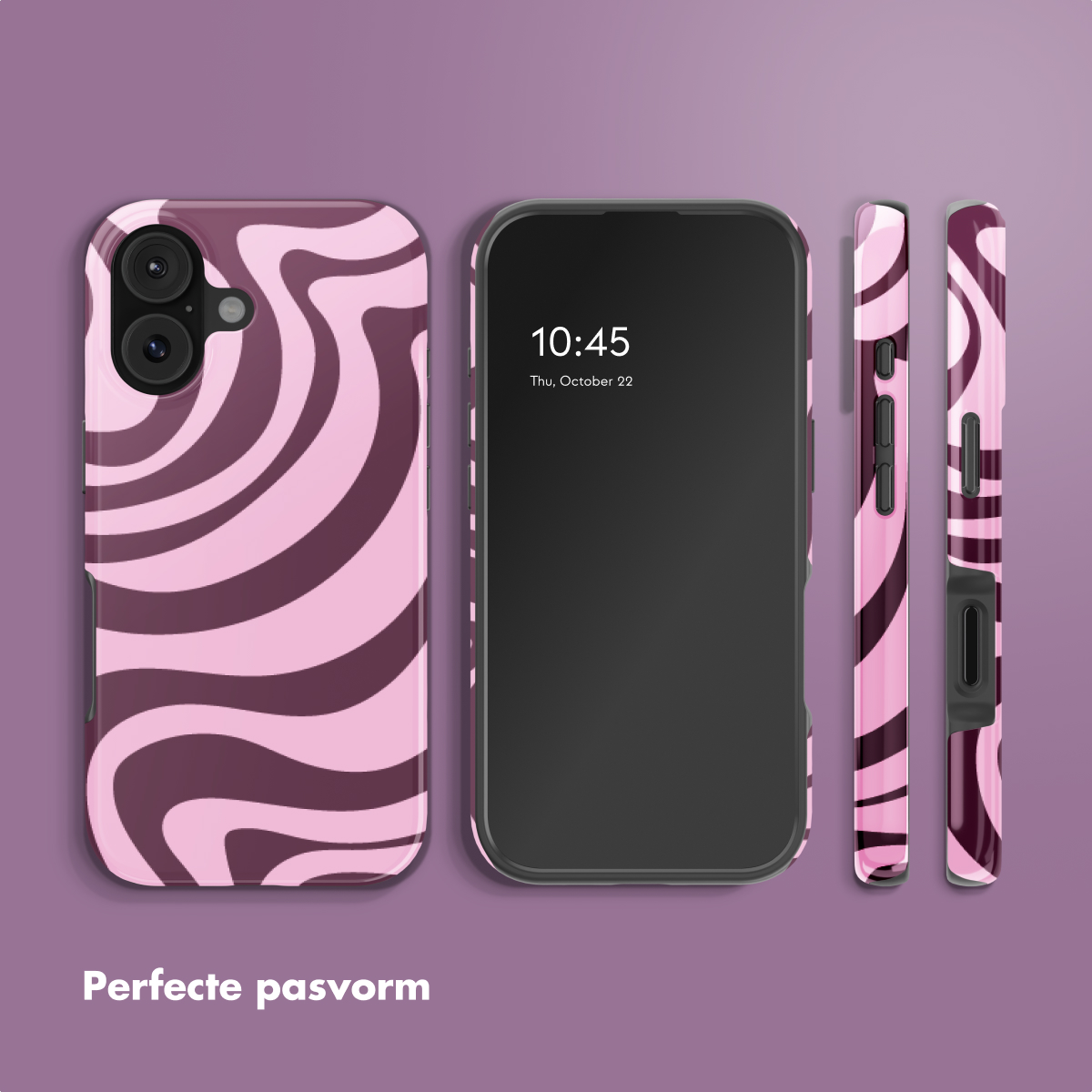 Custodie per telefono rosa e viola con motivo a vortice, una accanto all'altra.