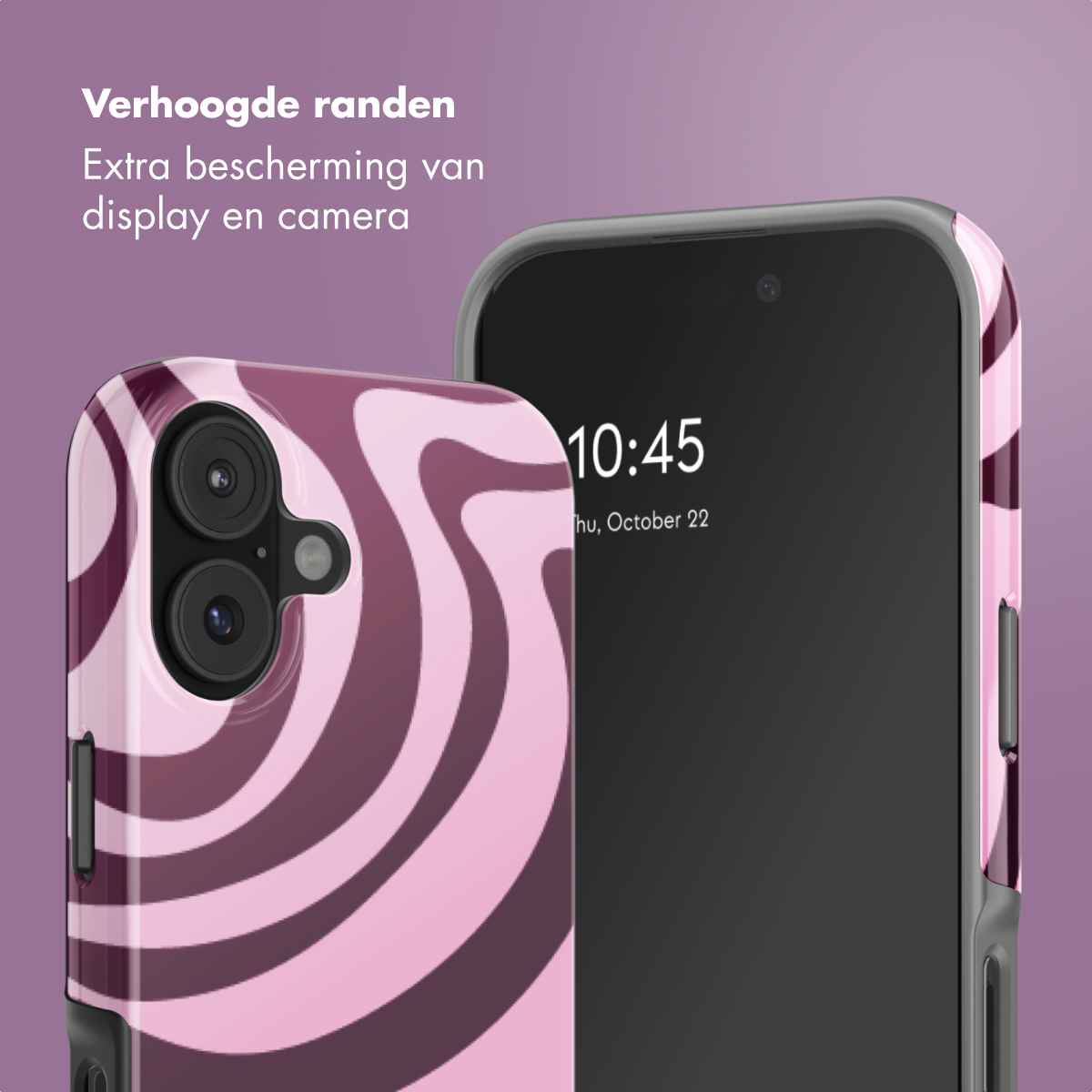 Un telefono con custodia a vortice rosa e viola di fronte a un telefono con schermo nero.