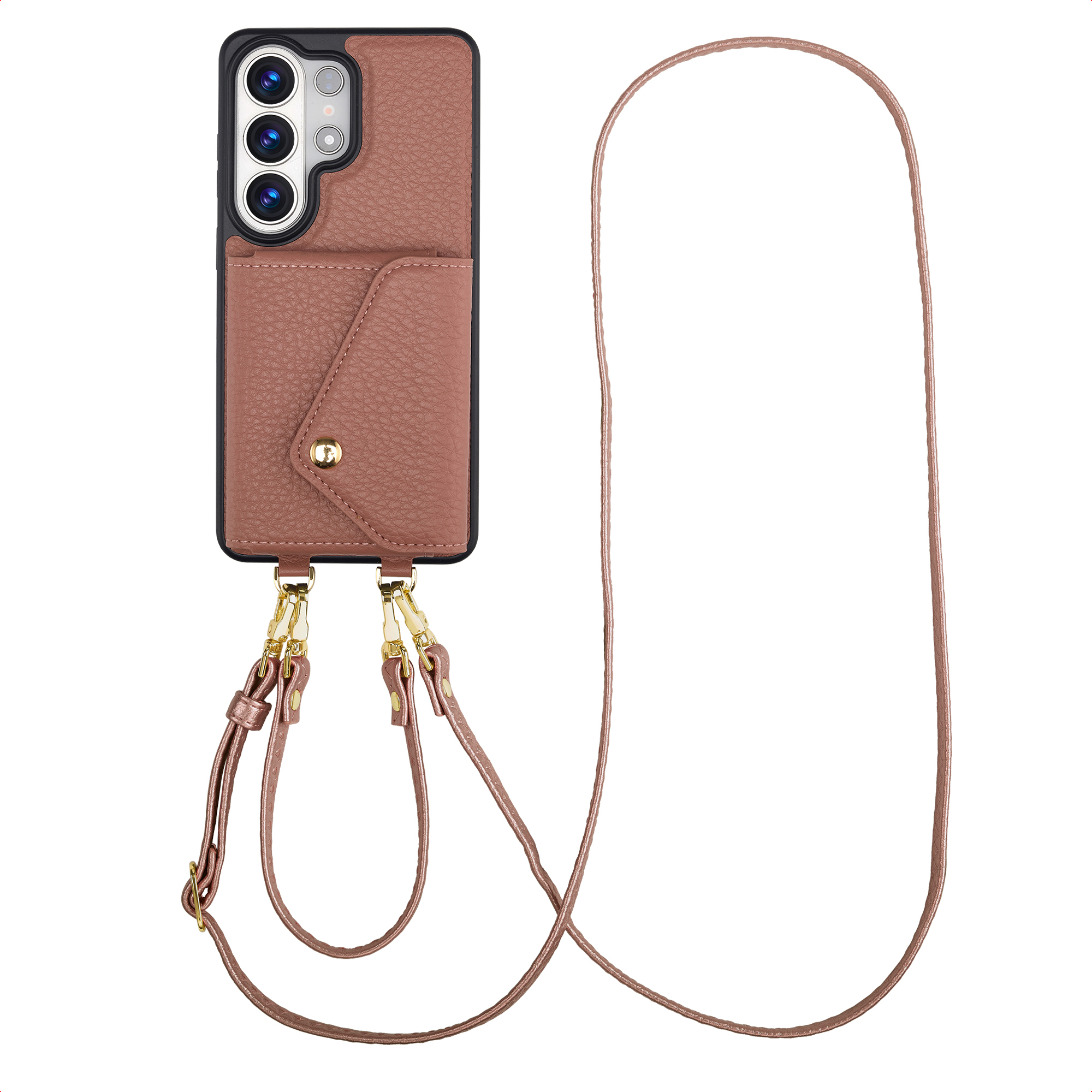 Bruine telefoonhoes met camera-uitsparing, vakje en koord.