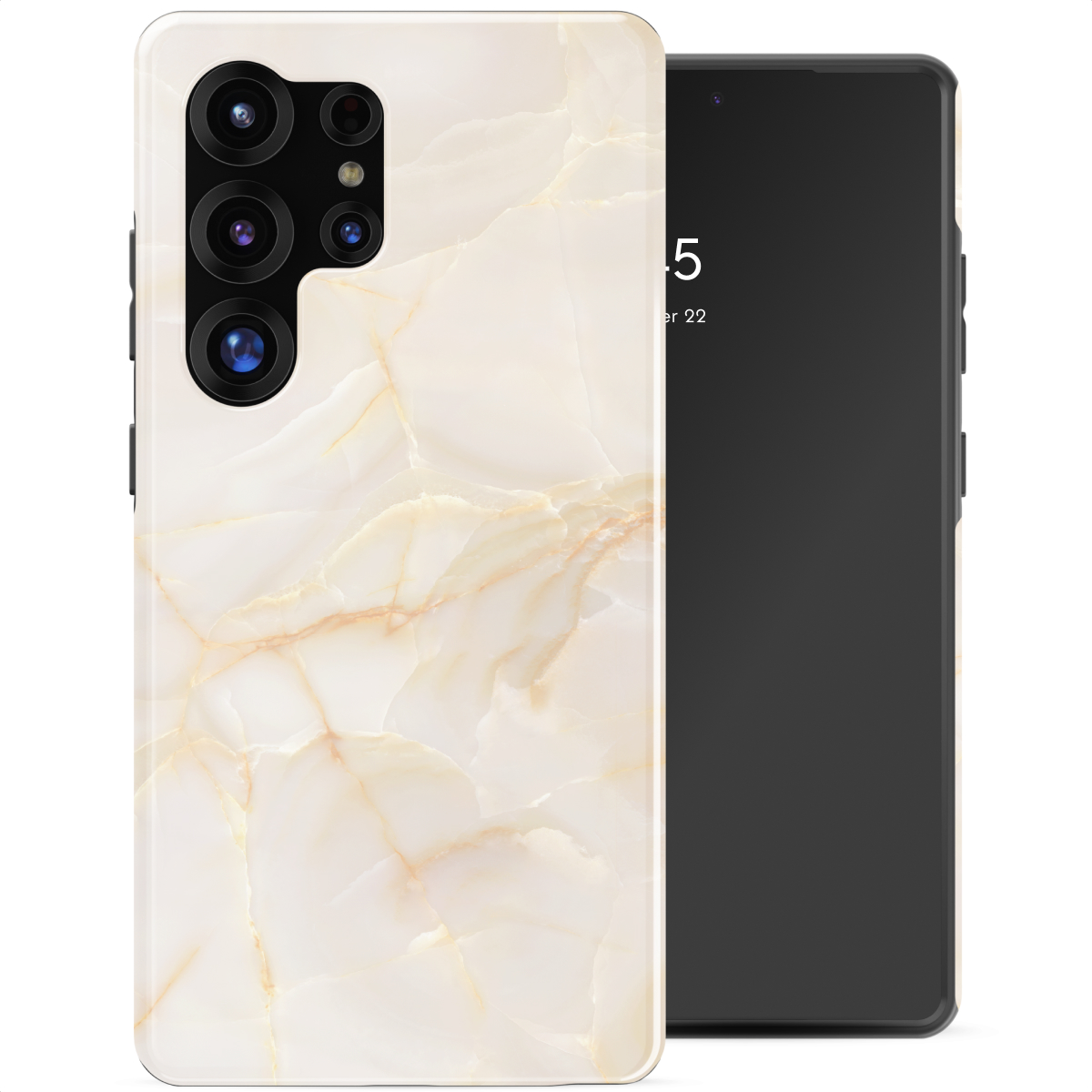 Een telefoon met marmeren hoesje en een zwart scherm.