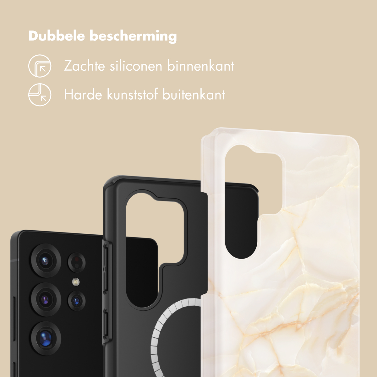 Drie telefoonhoesjes: een zwarte met camera's, een zwarte en een marmeren.