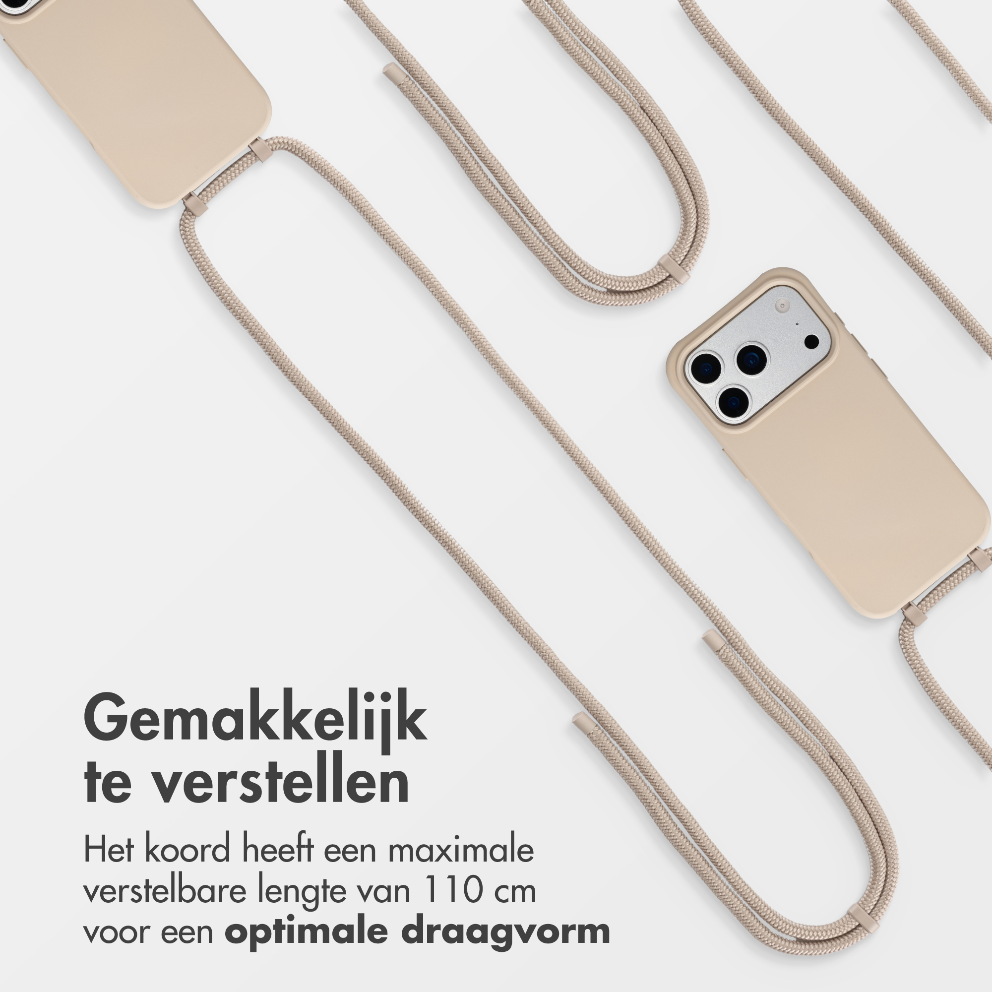 Coque beige pour téléphone avec lanière réglable, idéale à porter.