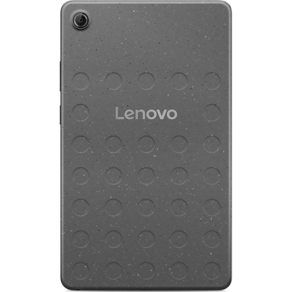 Graues Lenovo Tablet mit Kameralinse oben links und geprägtem Muster.