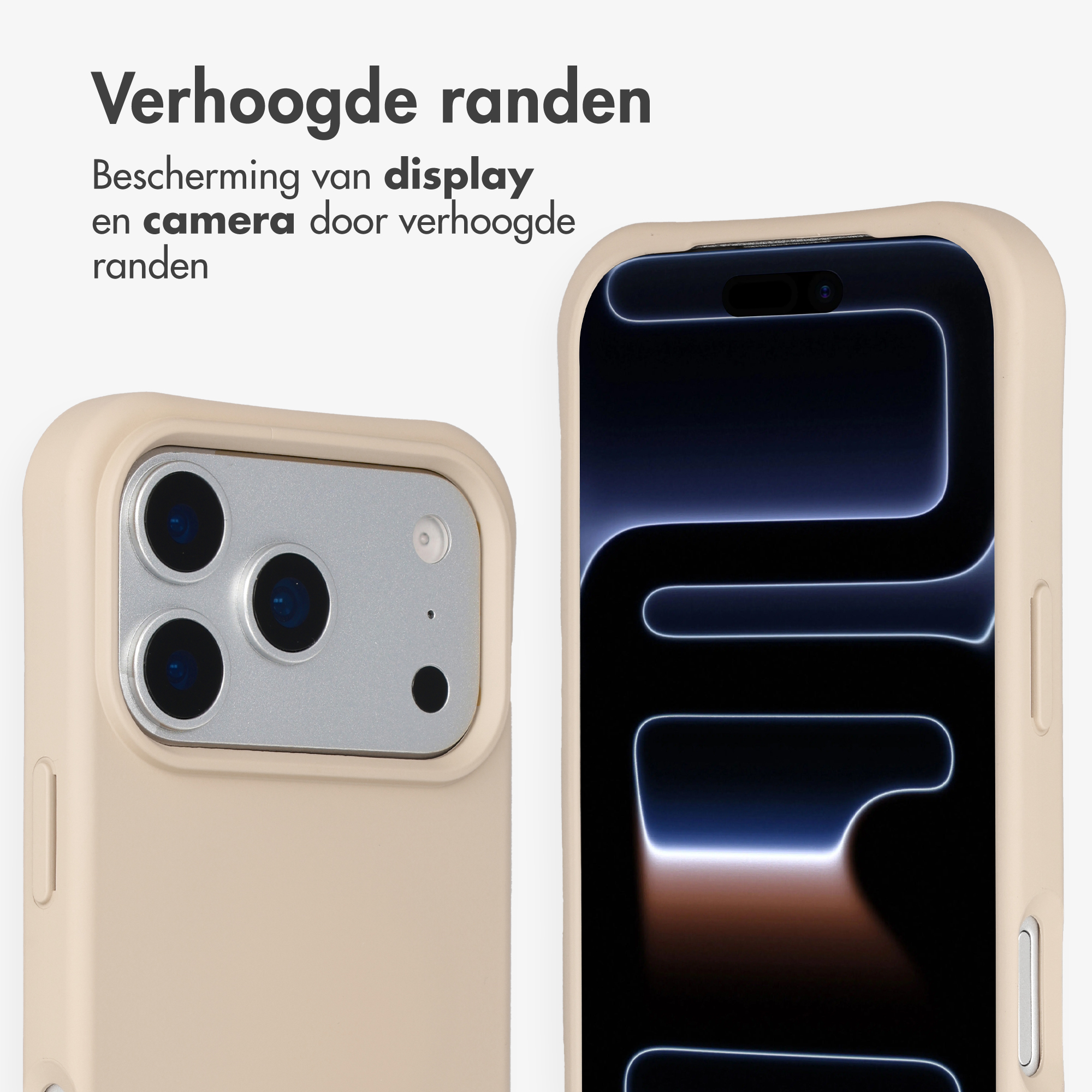 Une coque de téléphone beige clair montrant la caméra et l'écran. Bords surélevés.