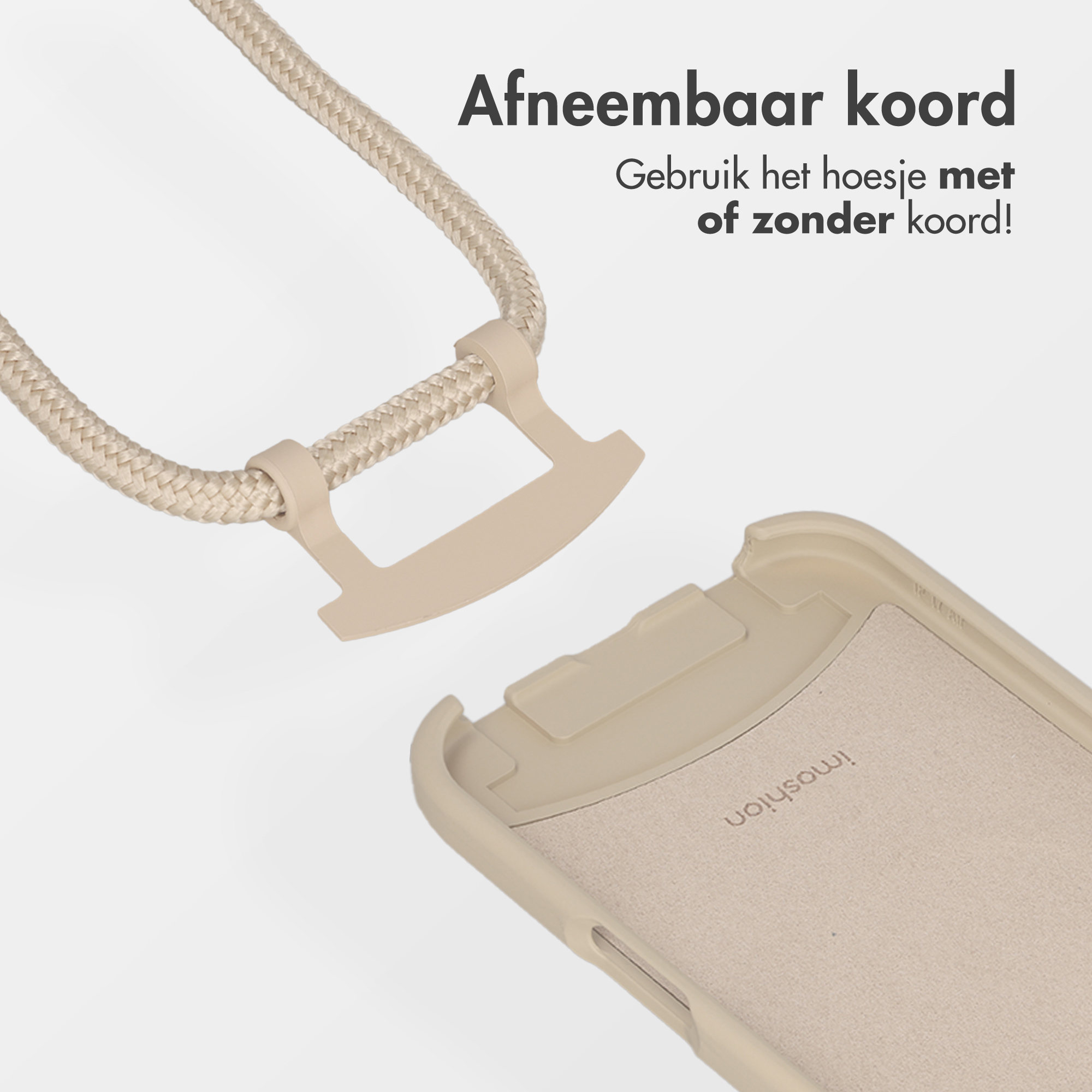 Coque de téléphone beige avec cordon tressé détachable et connecteur.