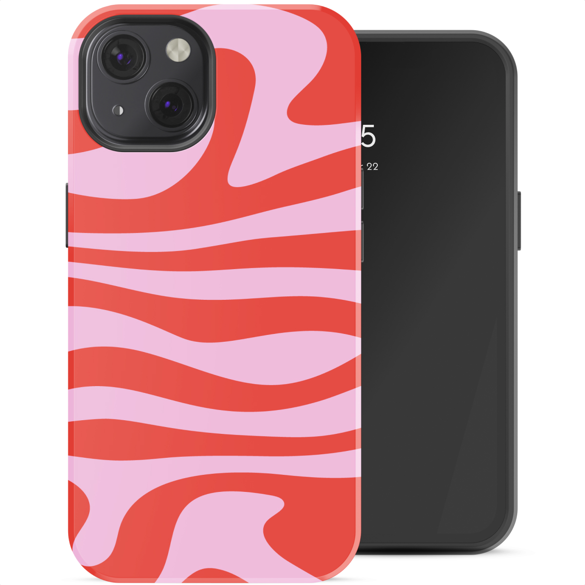 Coque de téléphone à rayures ondulées rouges et roses à côté d'un smartphone noir.