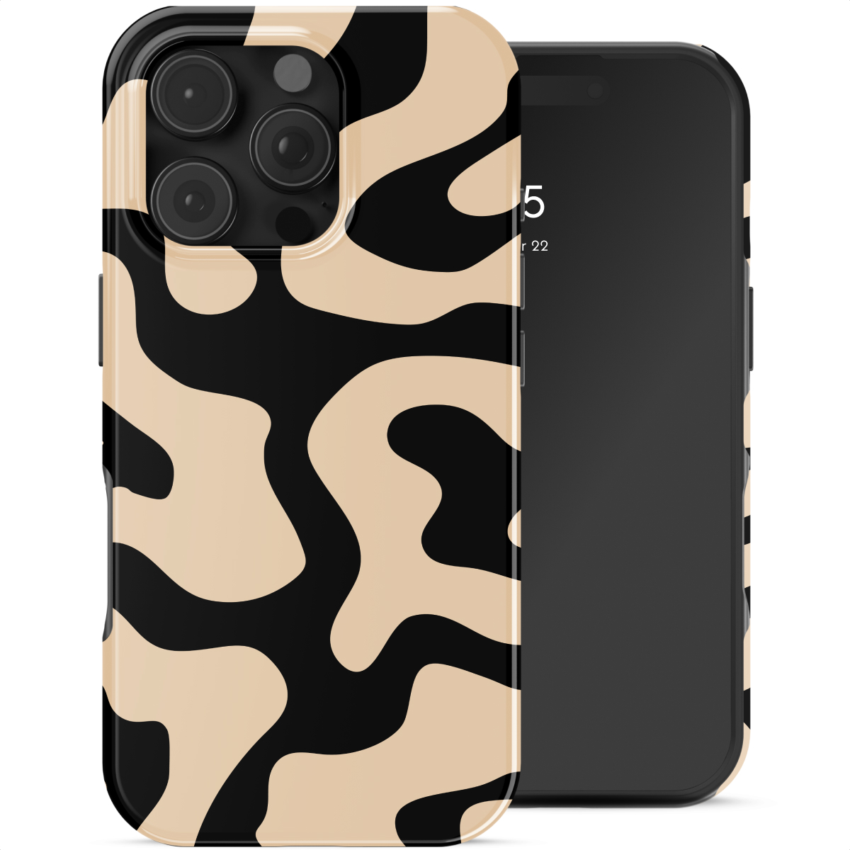 Een beige en zwarte telefoonhoes met organisch patroon.