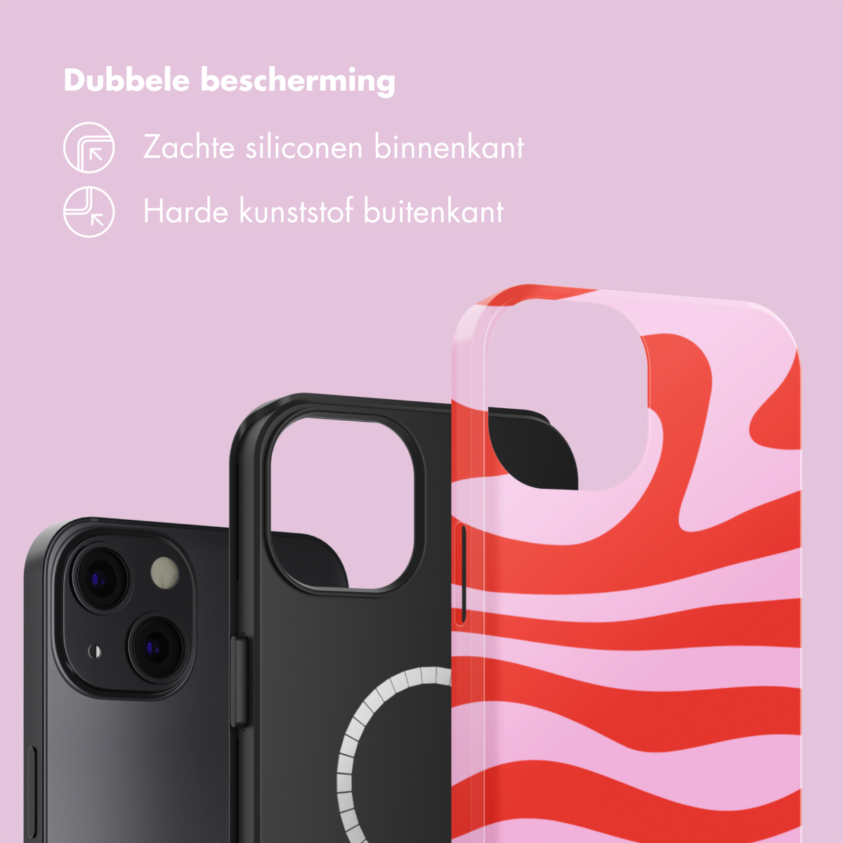 Trois coques de téléphone sur fond rose : noire, noire avec anneau magnétique, rayée rouge et rose.