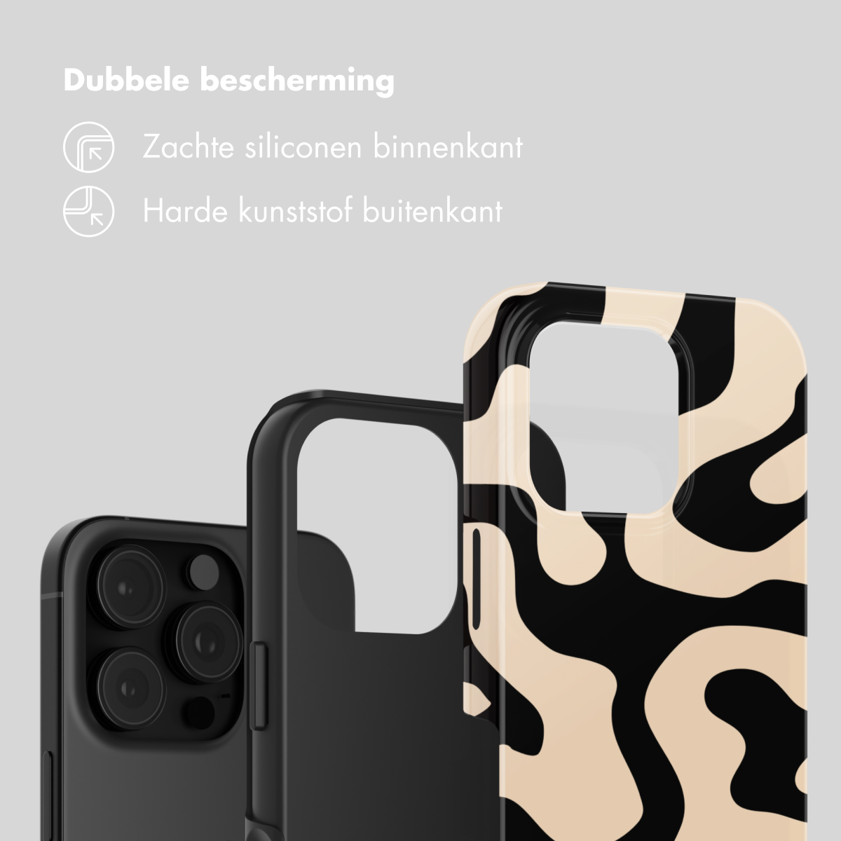 Drie telefoonhoesjes naast elkaar: met patroon, zwart en zwart met camera-uitsparing.