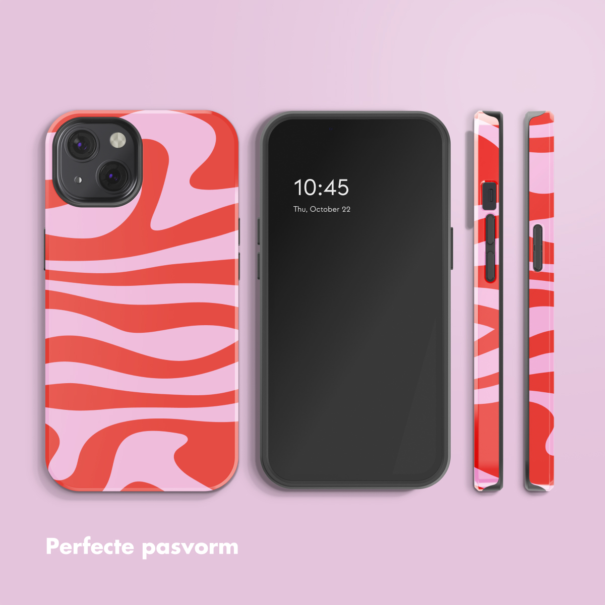 Un téléphone avec un étui à motif ondulé rouge et rose à côté d'un étui de téléphone noir.