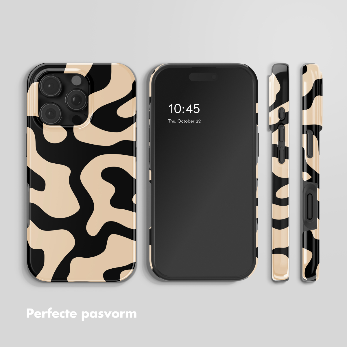 iPhone hoesje met beige en zwart abstract patroon, voor- en zijaanzicht.