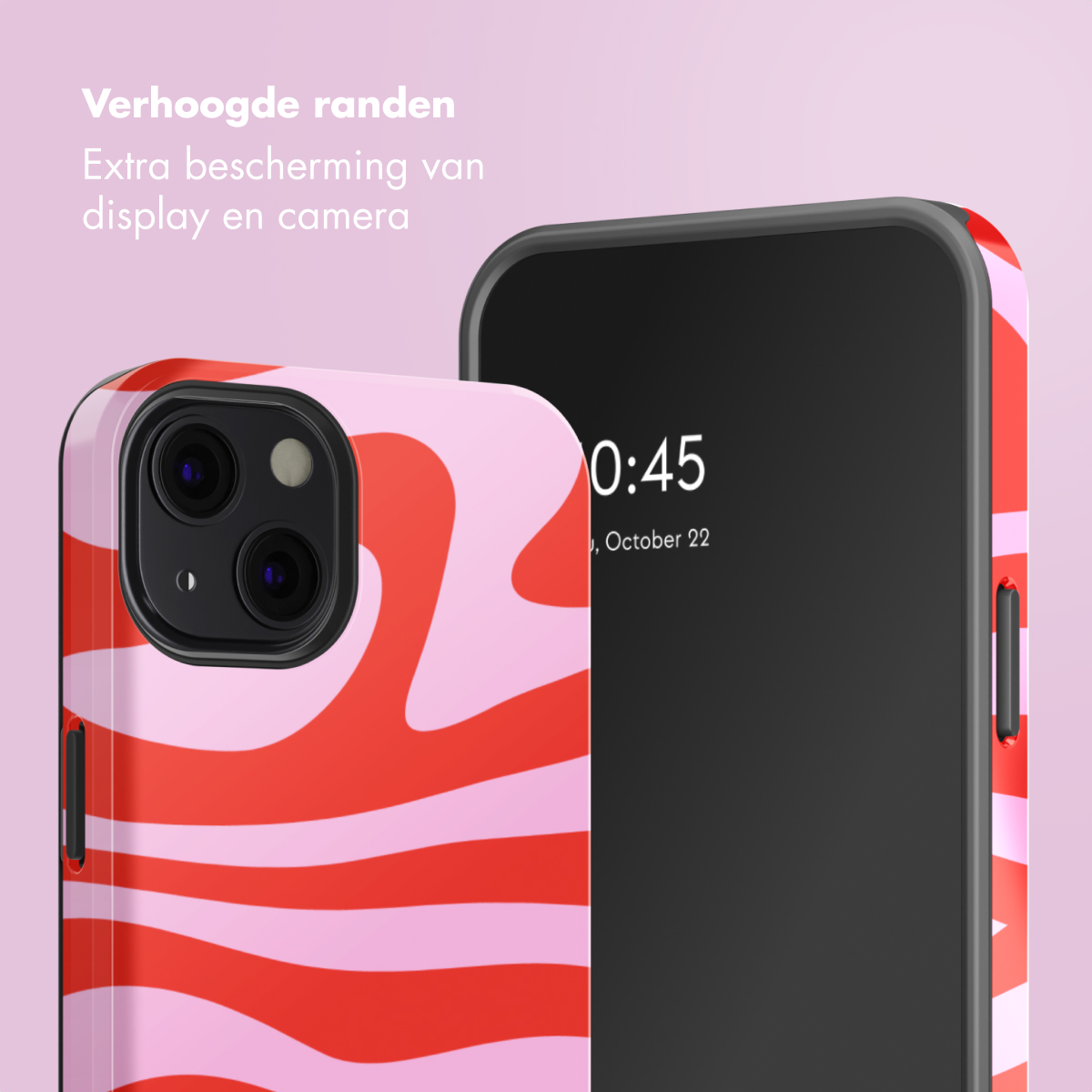 Une coque de téléphone avec un motif tourbillonnant rouge et rose à côté d'un téléphone. L'écran affiche l'heure.