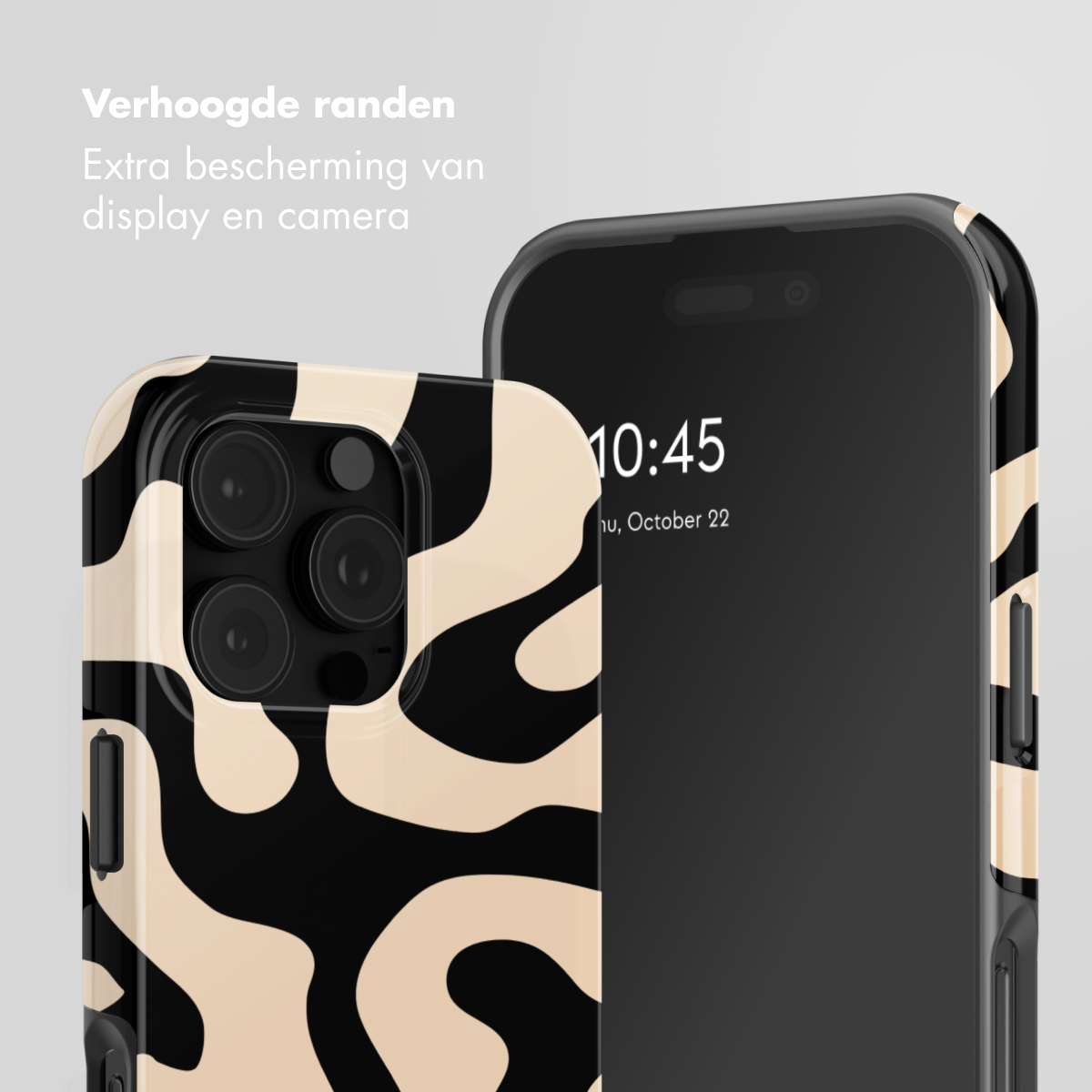 Een telefoon met een zwart-beige golvend patroon, liggend op zijn zij.