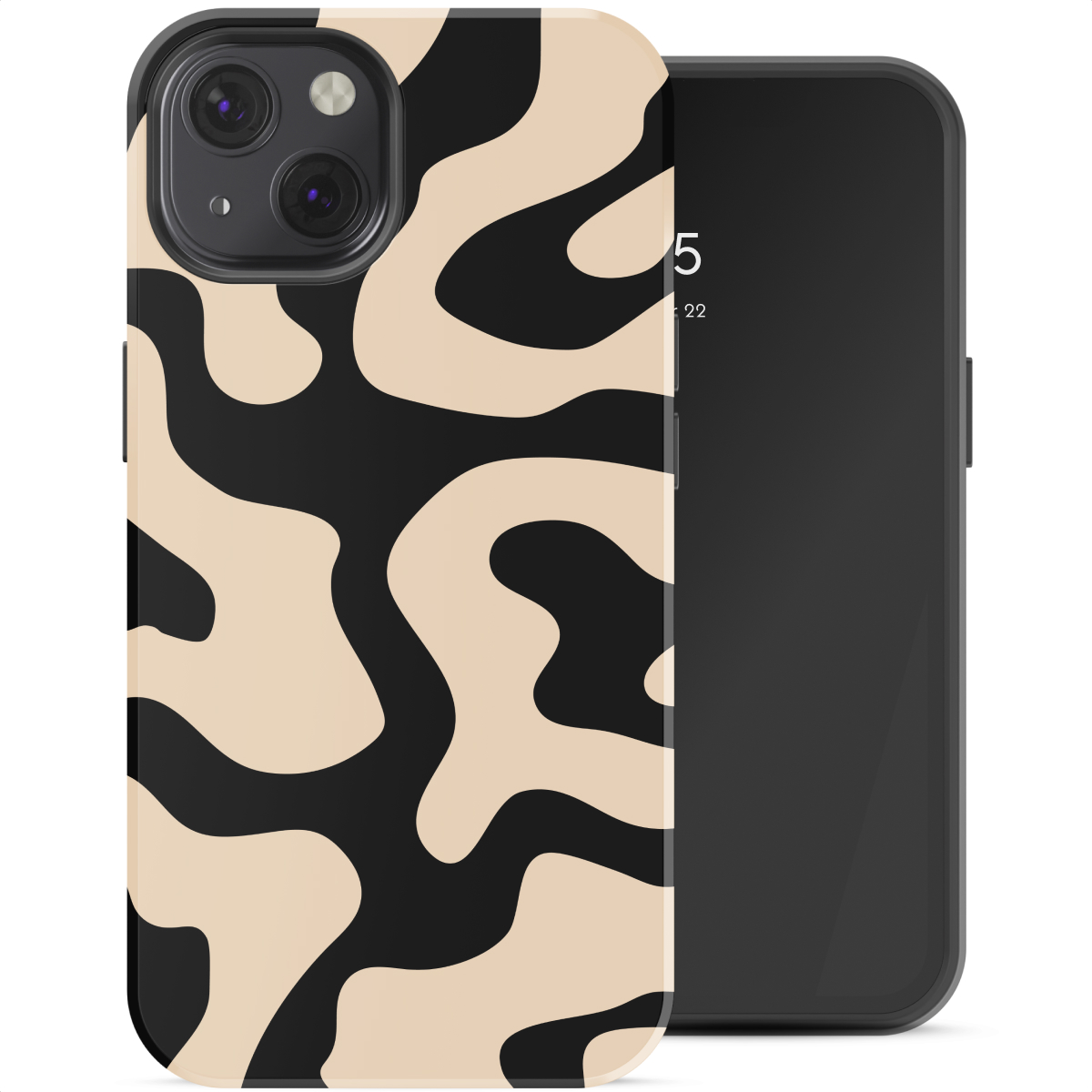 Un telefono con una cover a motivo astratto ondulato nero e beige.