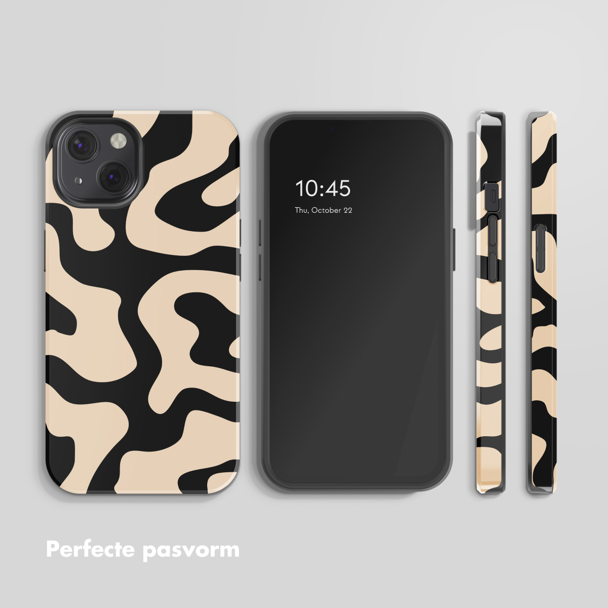 Una custodia per telefono con motivo nero e beige, accanto a uno smartphone.