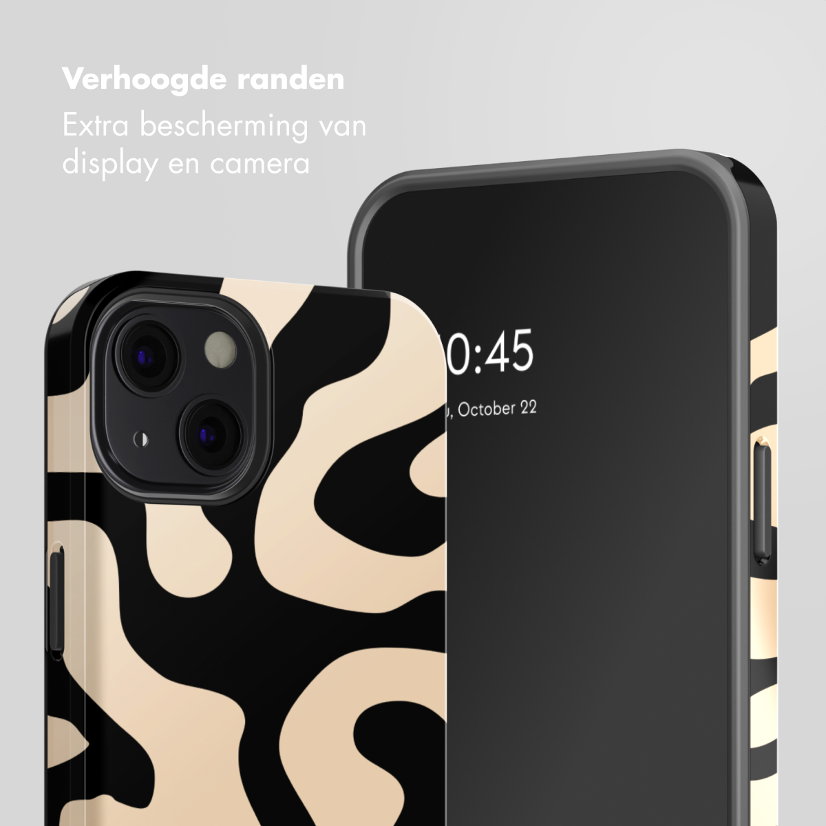 Custodia per telefono con motivo beige e nero, accanto a uno smartphone.