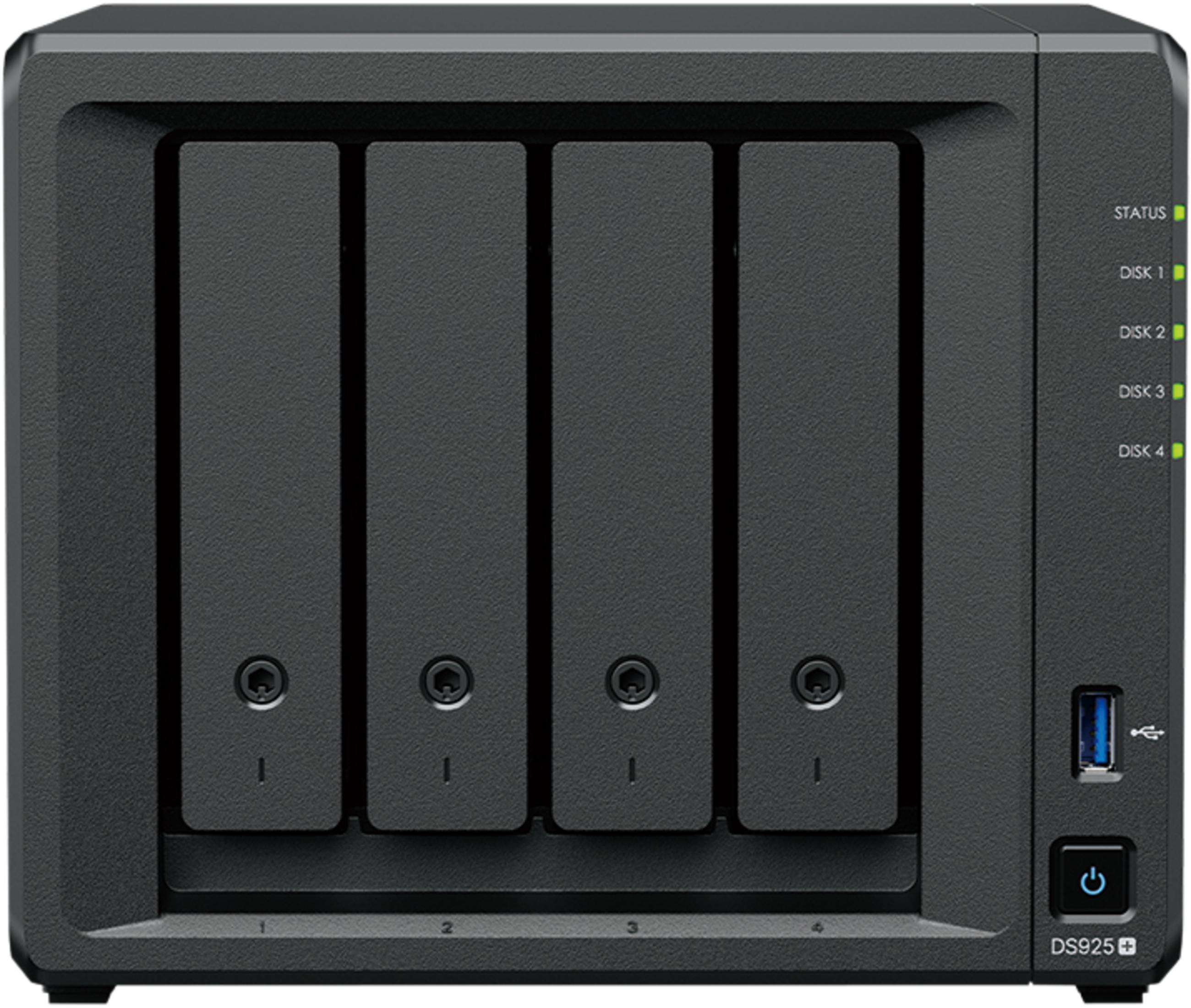 Boîtier NAS noir à quatre baies, port USB et bouton d'alimentation.