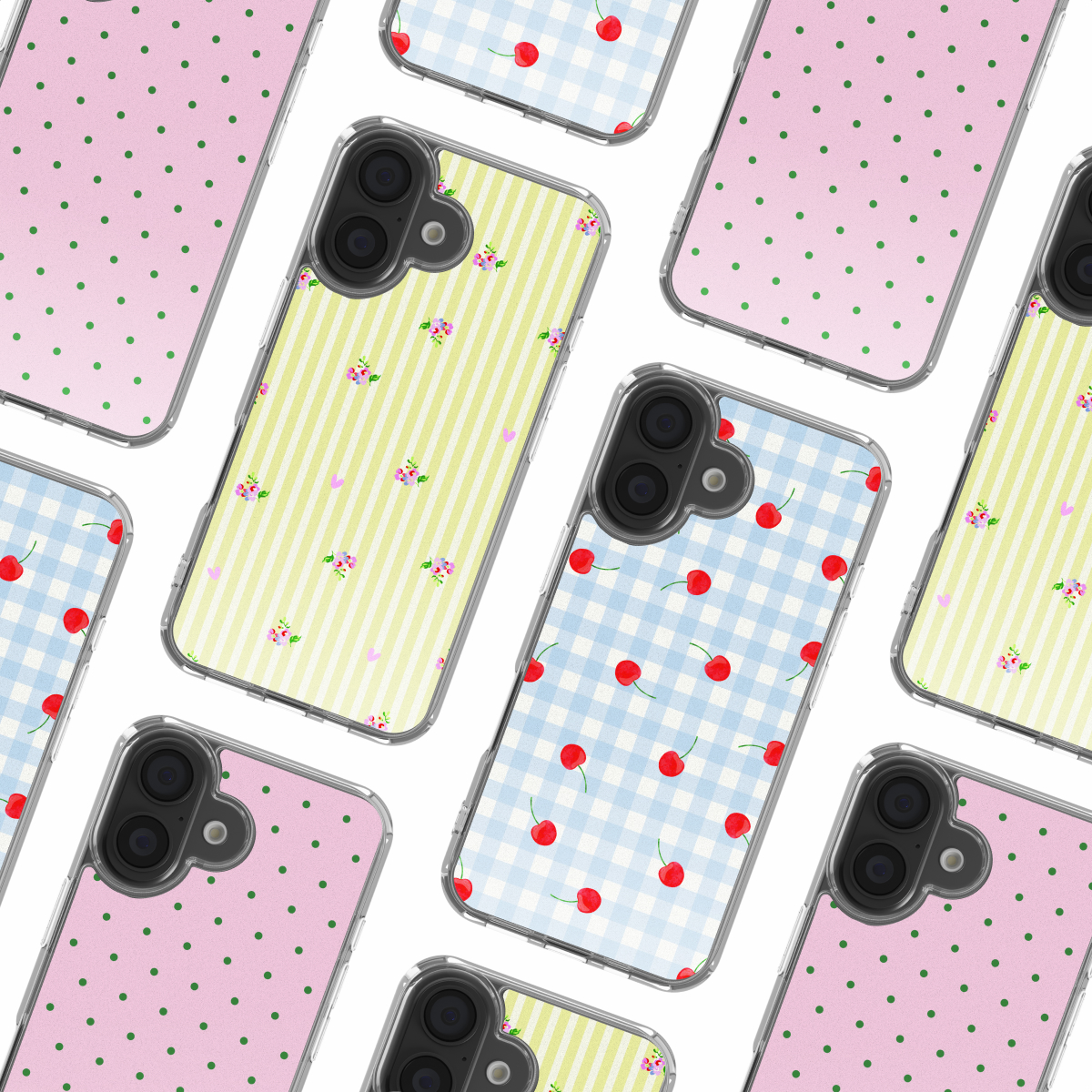 Diverse custodie per telefono con fantasie: pois, ciliegie e righe.