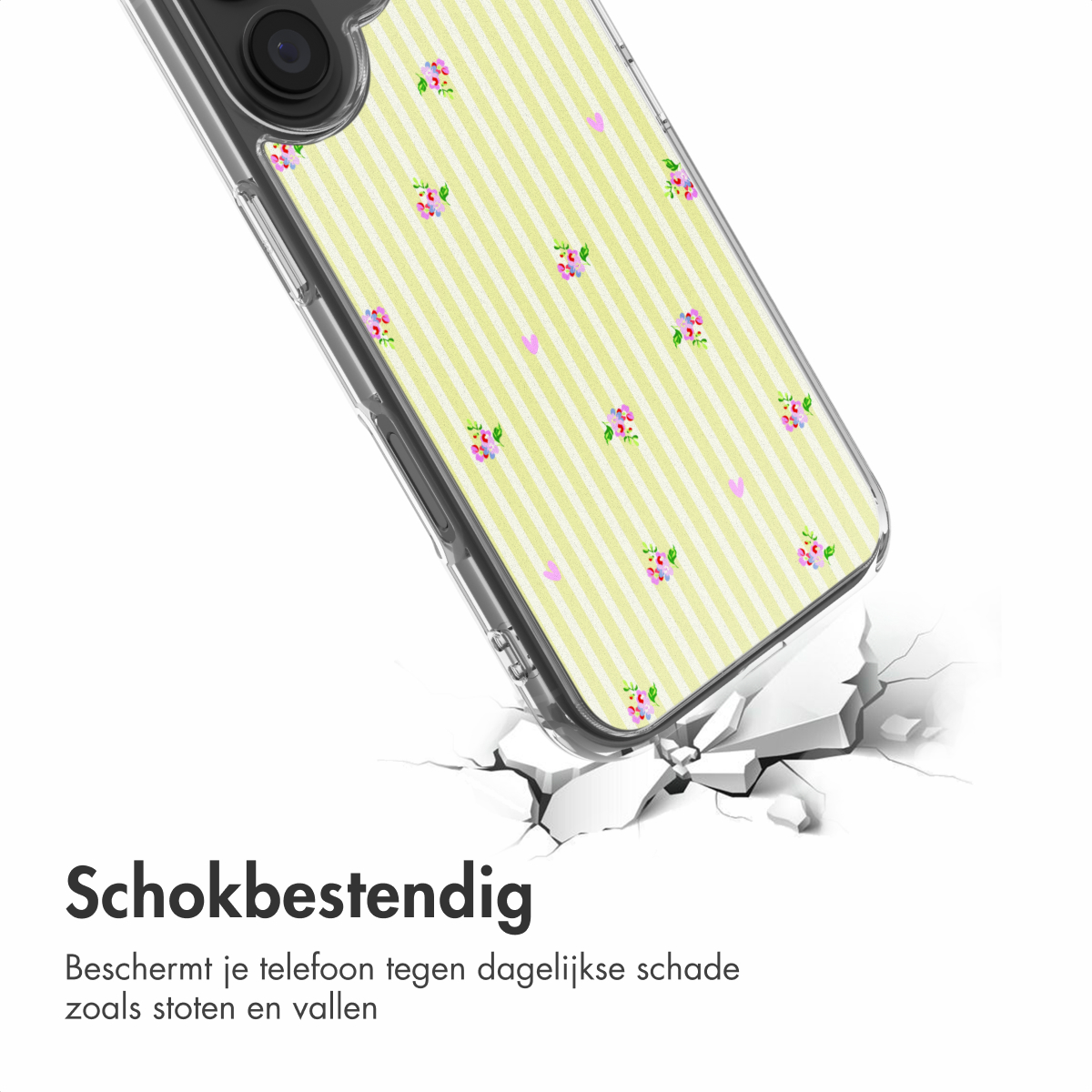 Una cover trasparente per telefono con strisce gialle e fantasia floreale cade.