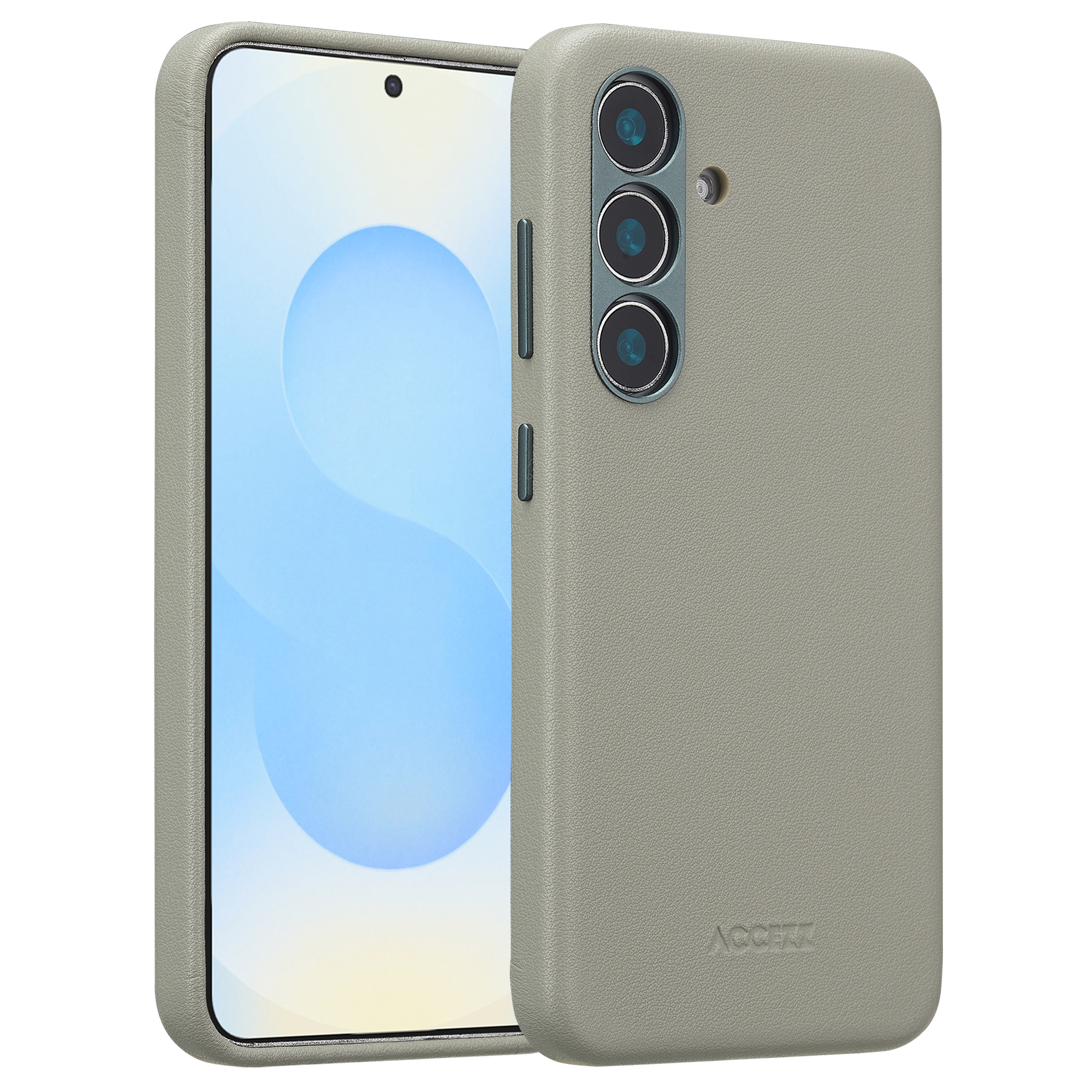 Grijze telefoonhoes met drie cameralenzen en een scherm.