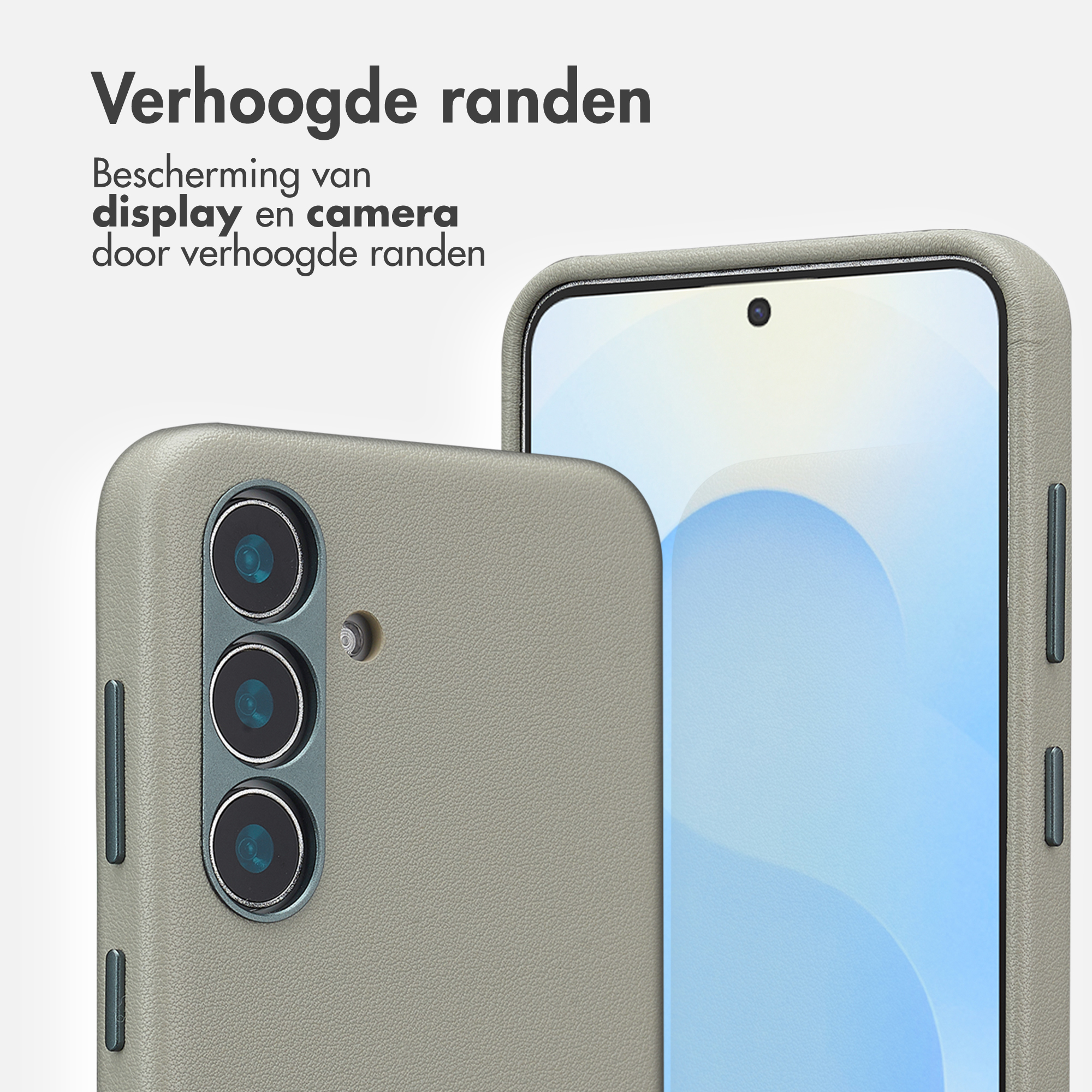 Grijze telefoon met drie camera's en een verhoogde schermrand.