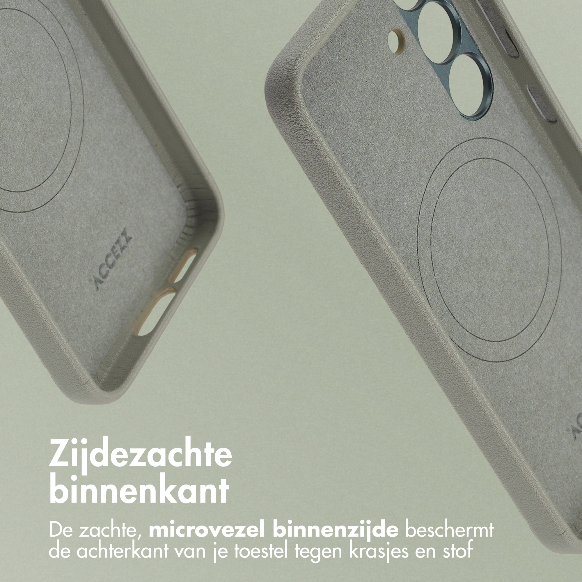 Grijze telefoonhoes met zachte microvezel binnenkant en camera/knop uitsparingen.