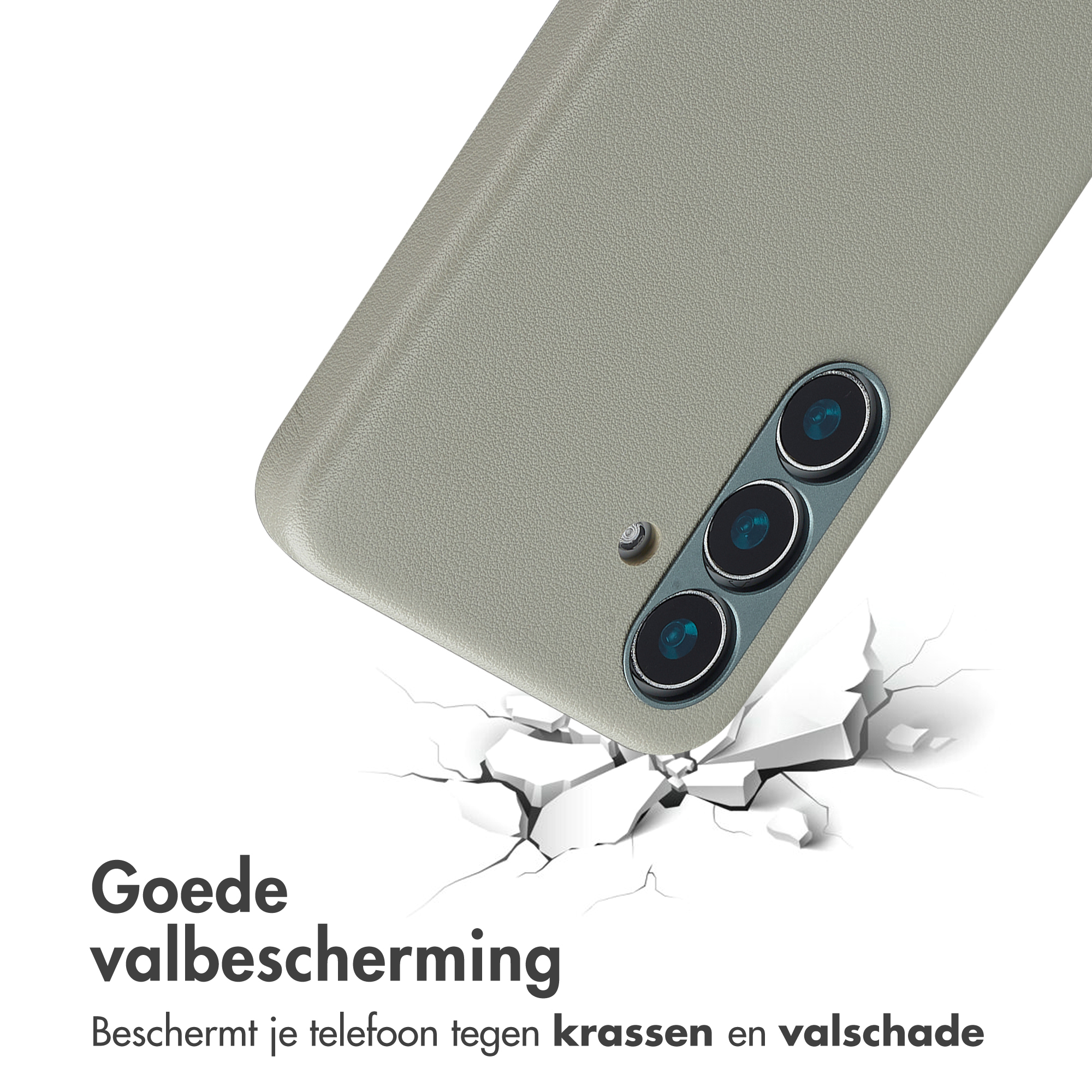 Grijze telefoonhoes breekt door witte grond. Camera's zichtbaar.