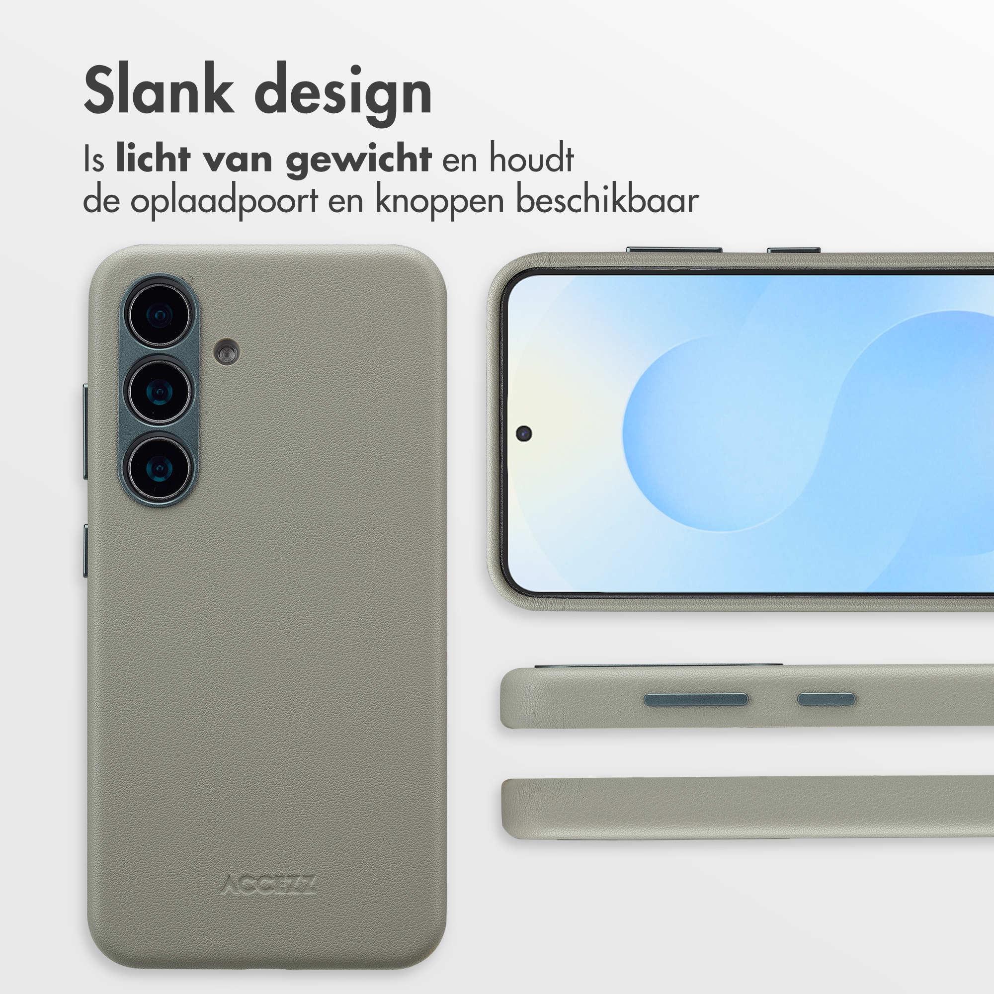 Grijze telefoonhoes met drievoudige camera en logo op de achterkant.