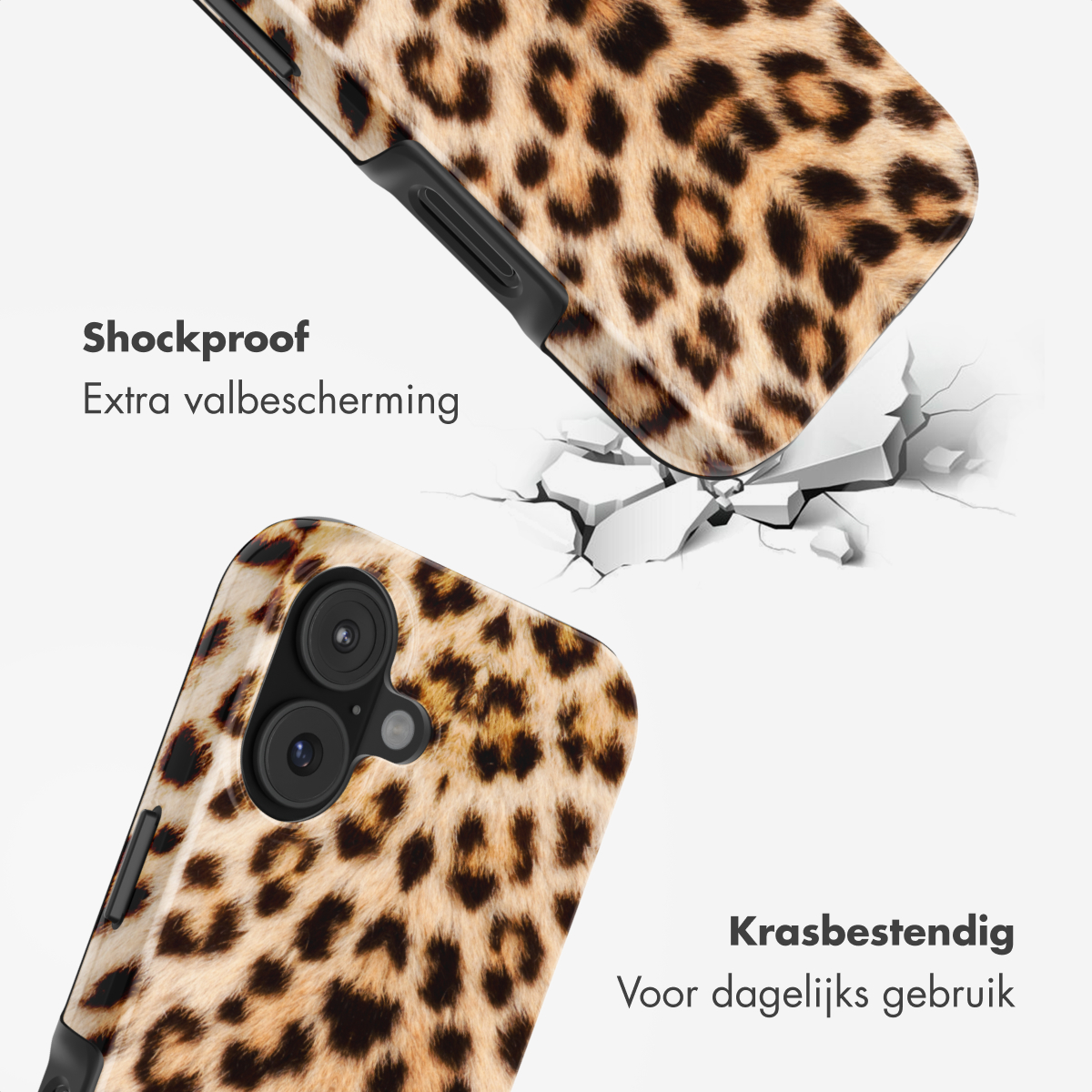 Custodia per telefono con stampa leopardata che cade e rompe il suolo.