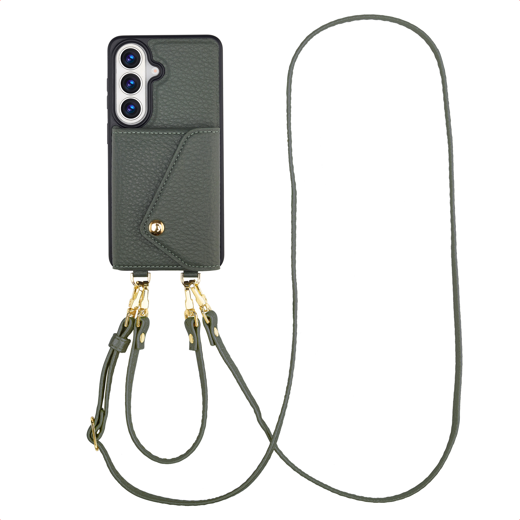 Custodia verde scuro per telefono con tre fotocamere e laccetto.
