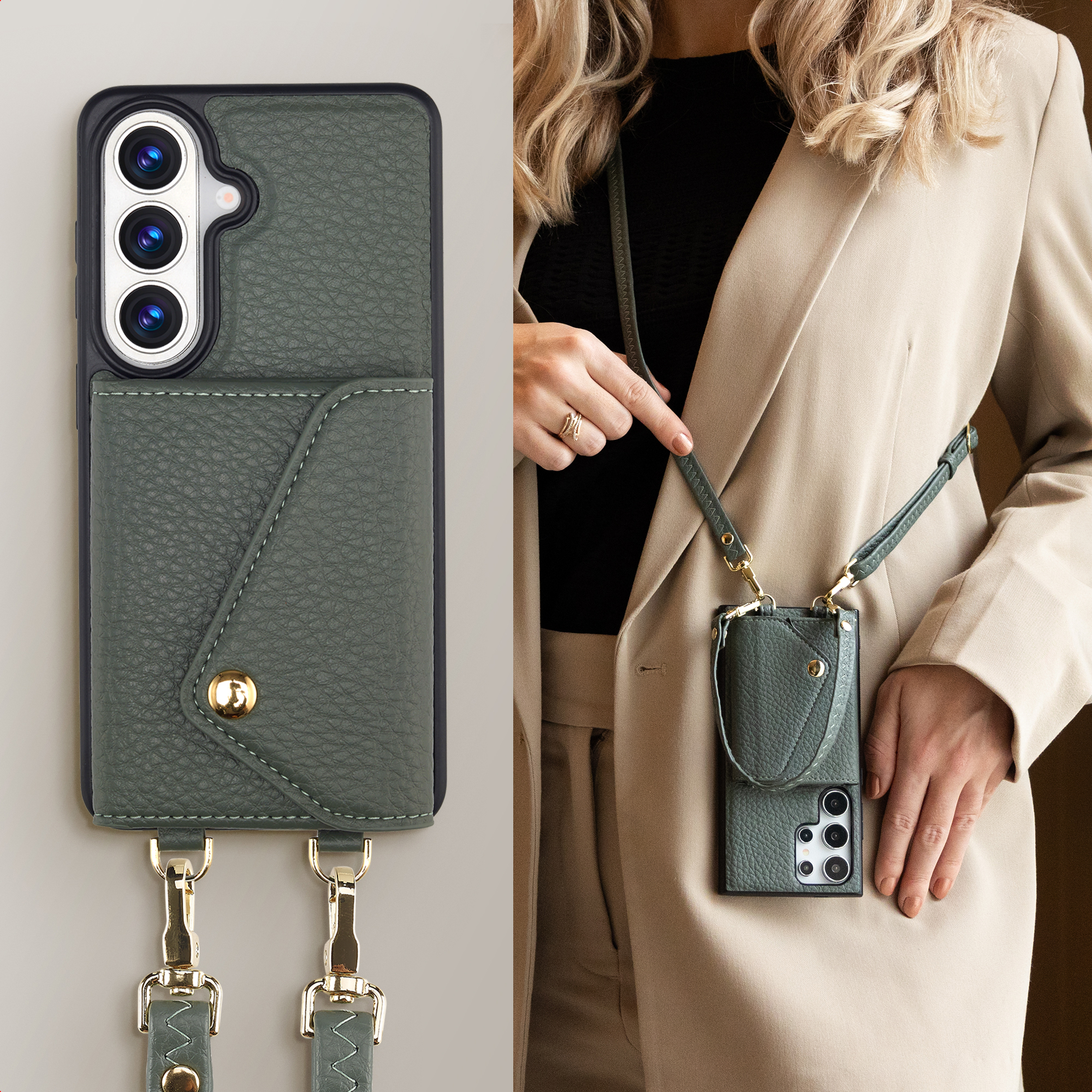 Custodia verde per telefono con porta carte e tracolla, indossata da donna in beige.