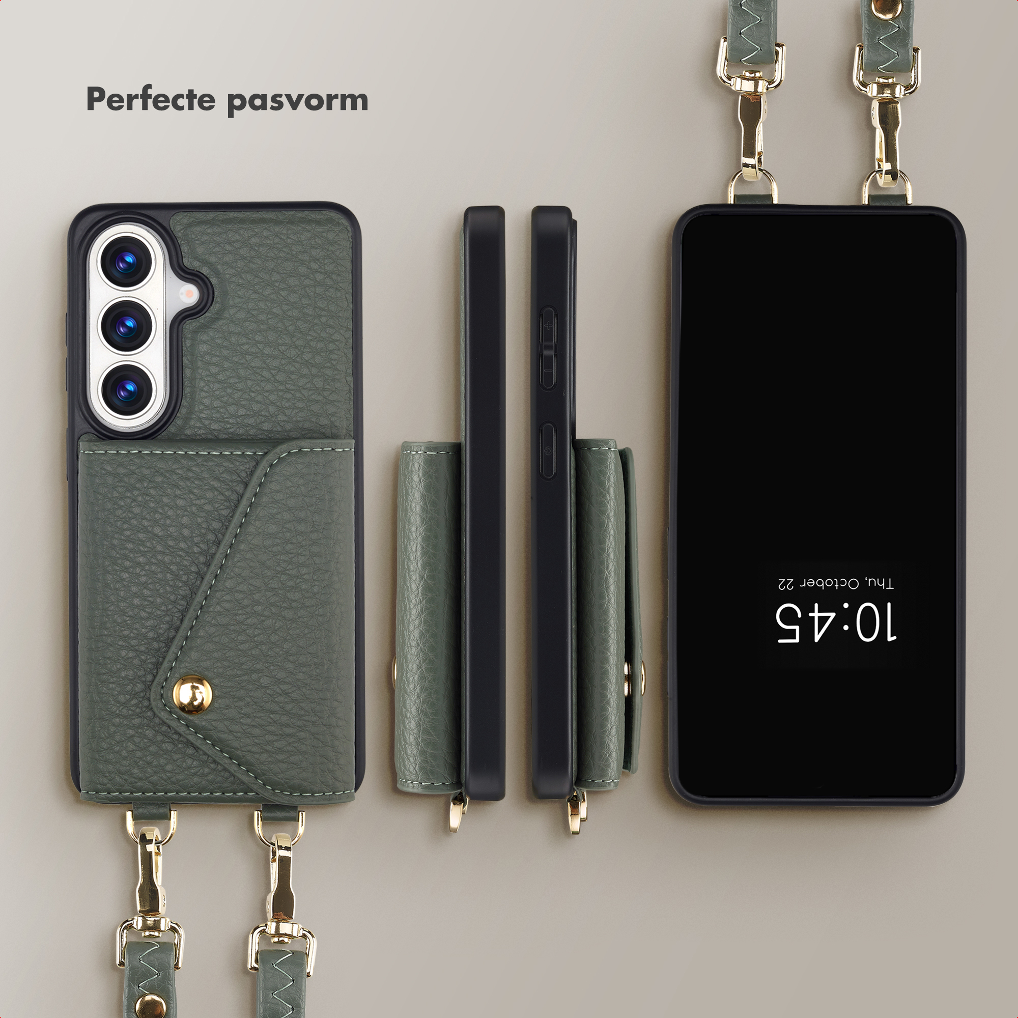 Custodia verde per telefono con porta carte, viste laterali e smartphone.