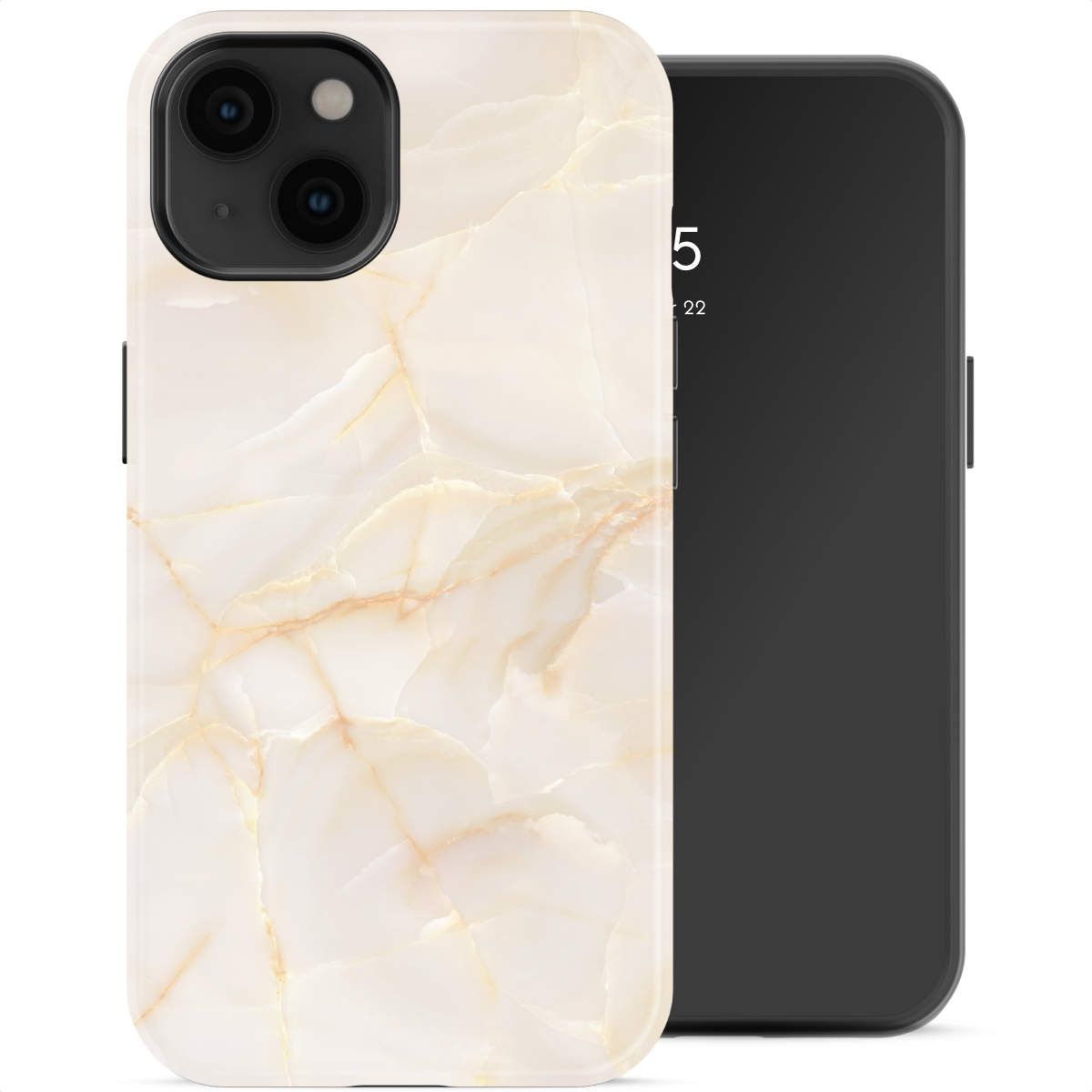 Una cover bianca per telefono con motivo marmorizzato accanto a uno smartphone nero.