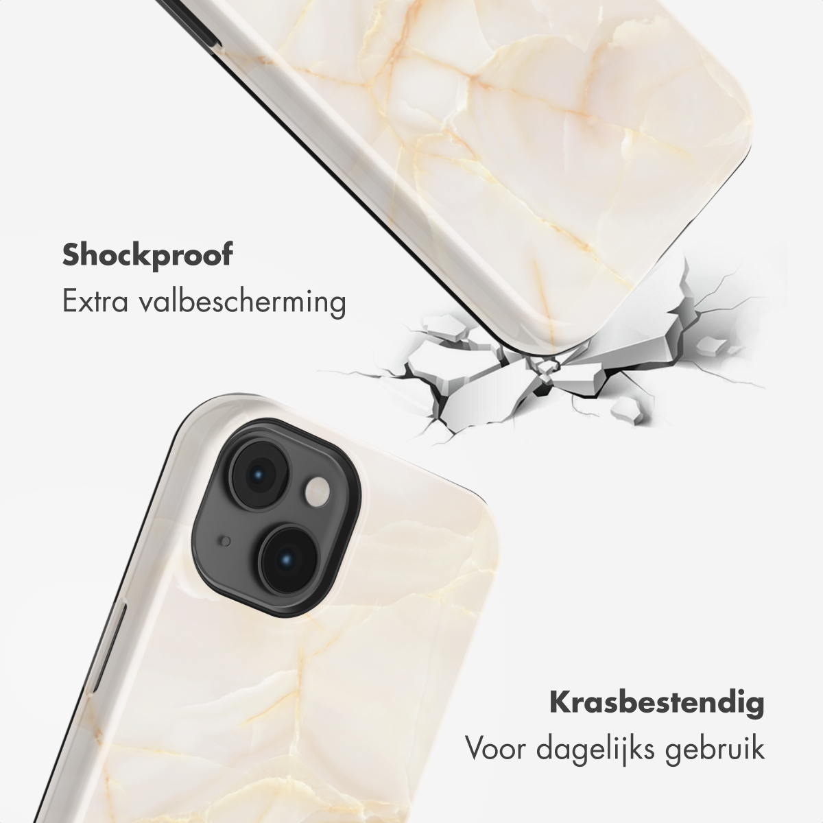 Una cover per telefono con motivo marmoreo cade e si rompe.