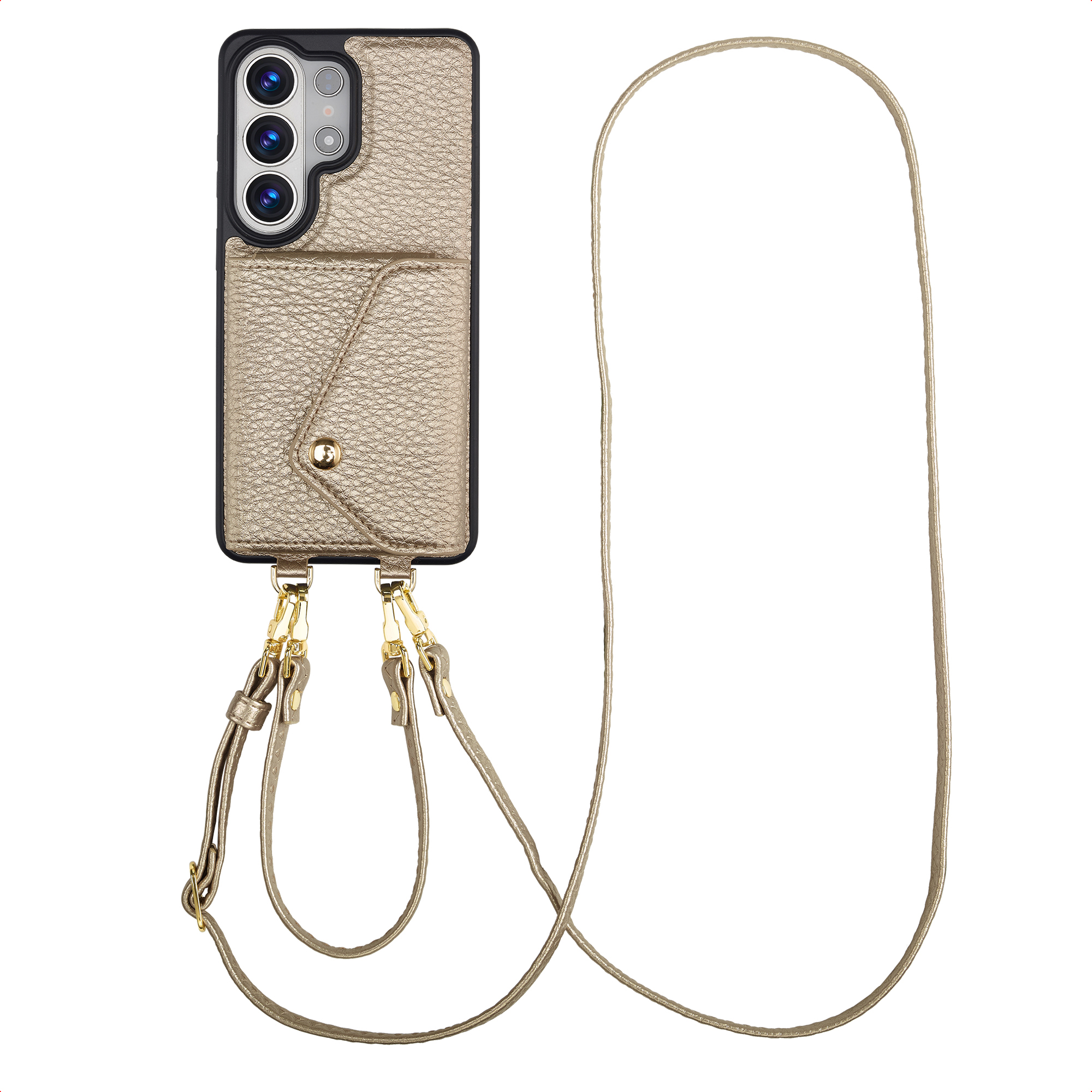 Coque dorée pour téléphone avec découpe caméra et lanière, fond blanc.