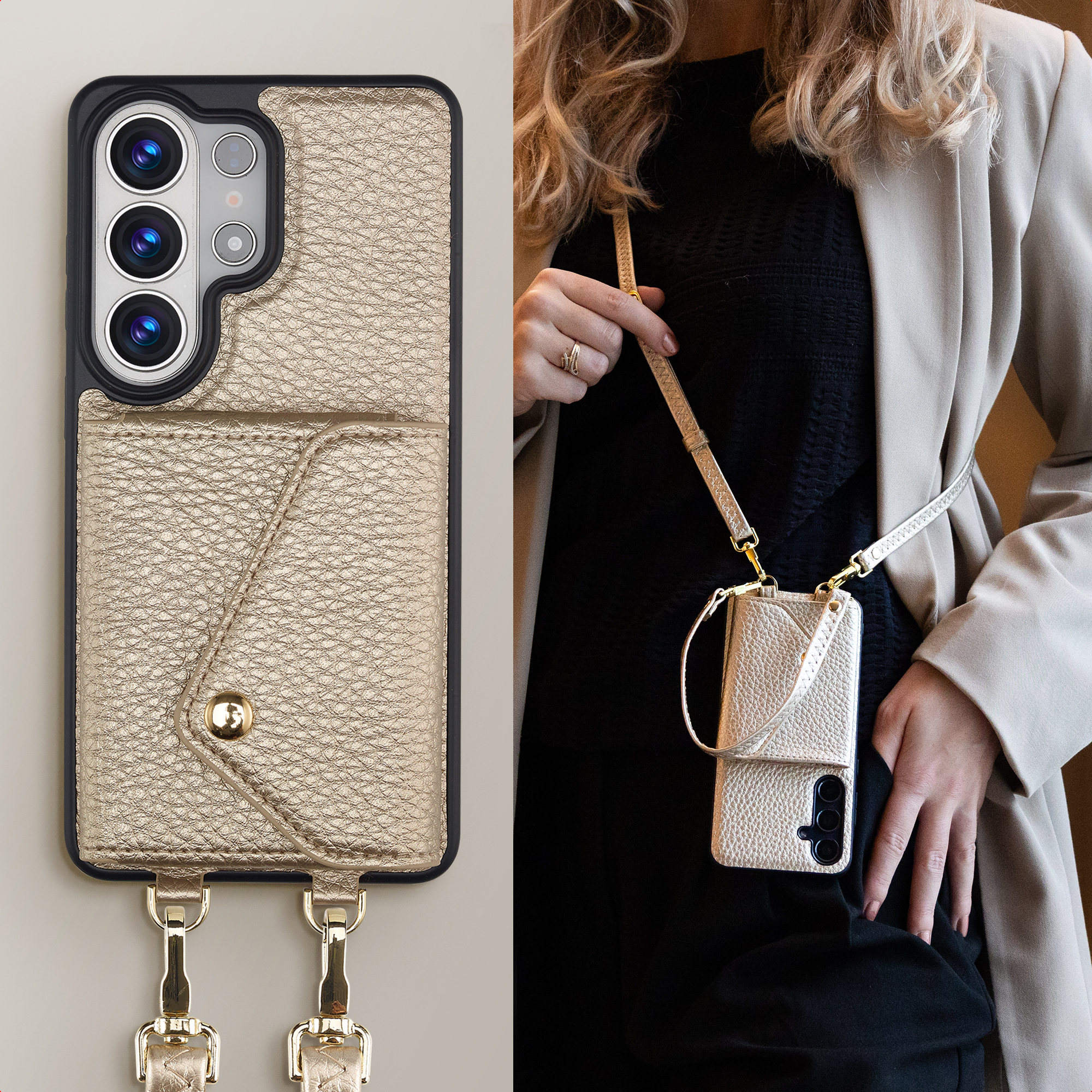 Coque dorée texturée avec porte-cartes et lanière, portée par une personne.