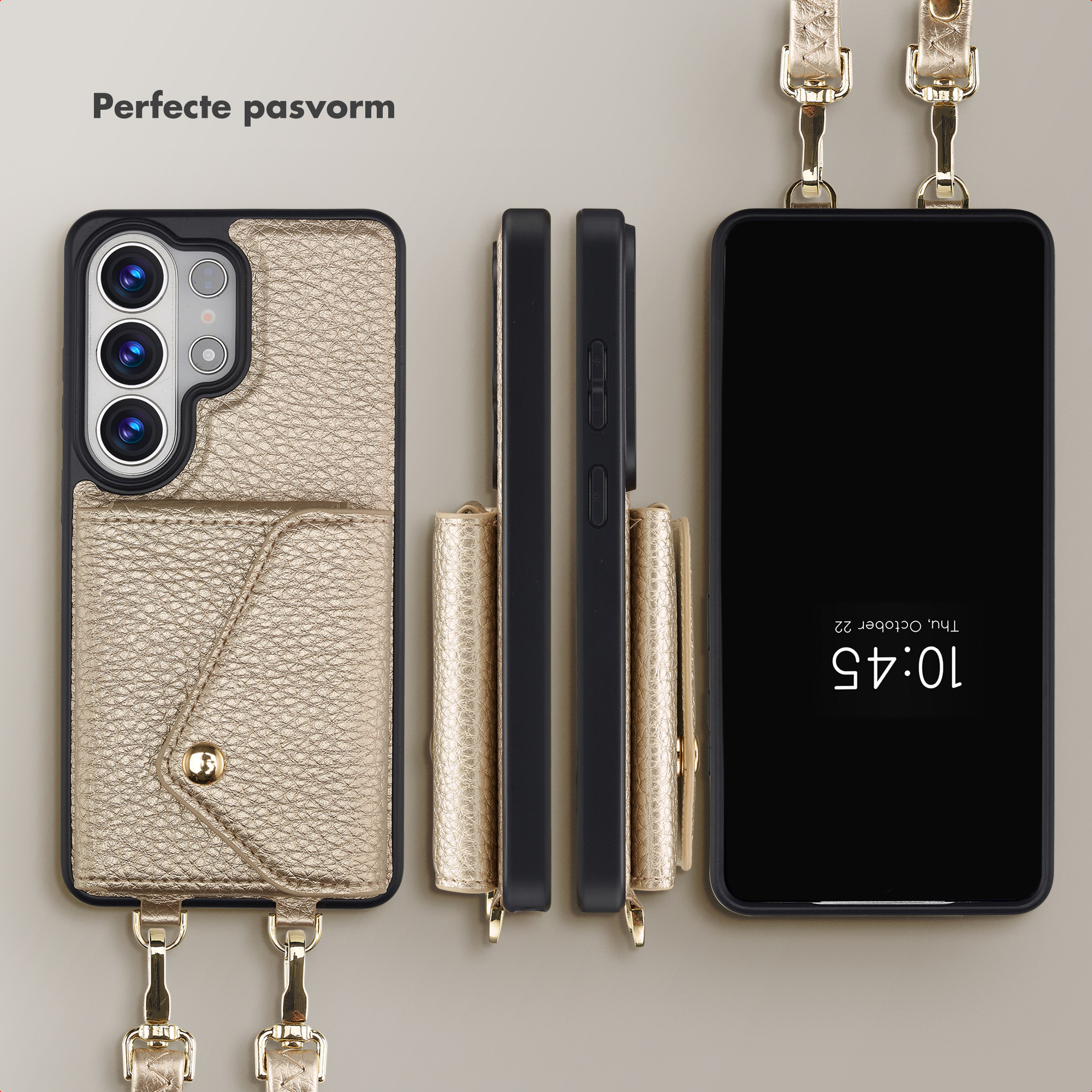 Coque de téléphone dorée avec porte-cartes, vue latérale et avant.