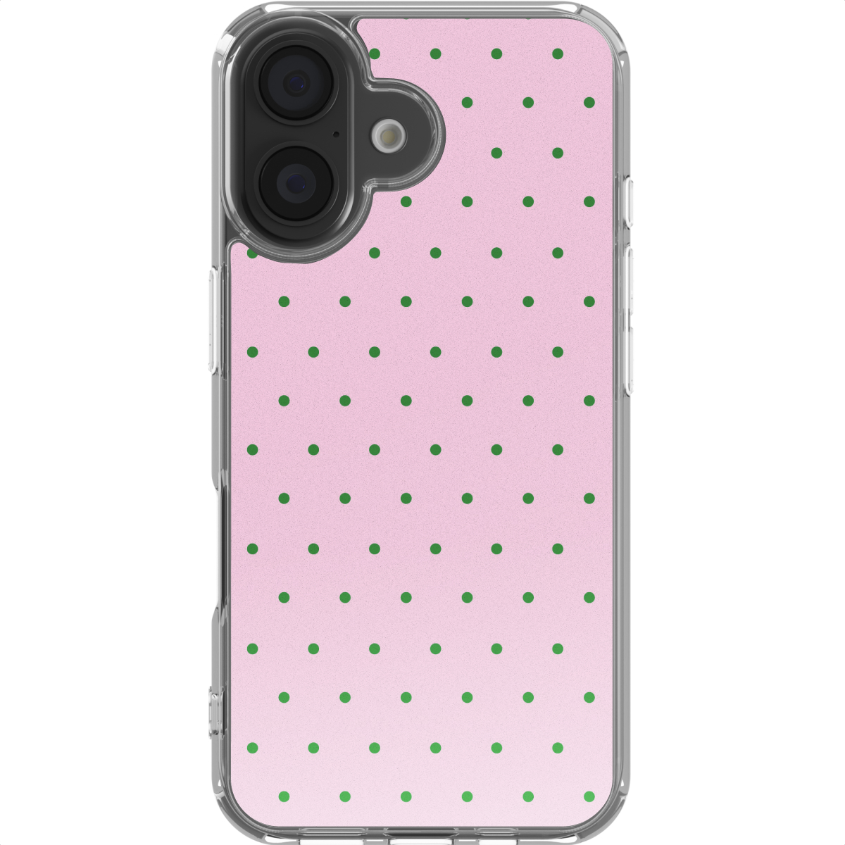 Een roze telefoonhoes met groene stippen en cameragat.