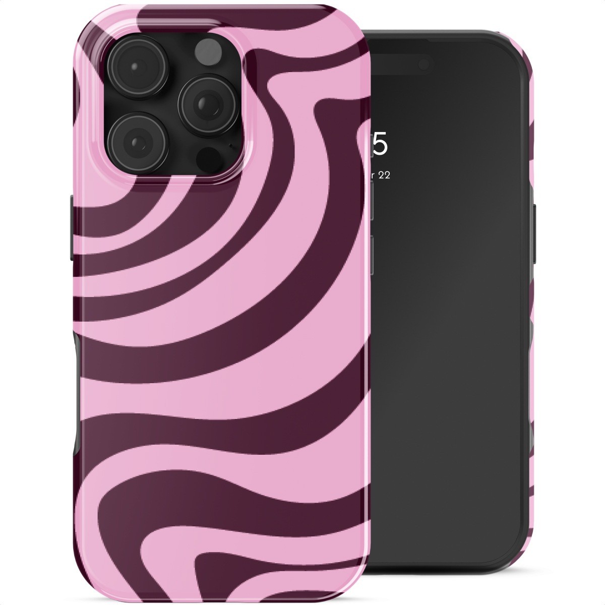 Een roze telefoonhoes met donkere wervelingen ligt naast een smartphone.