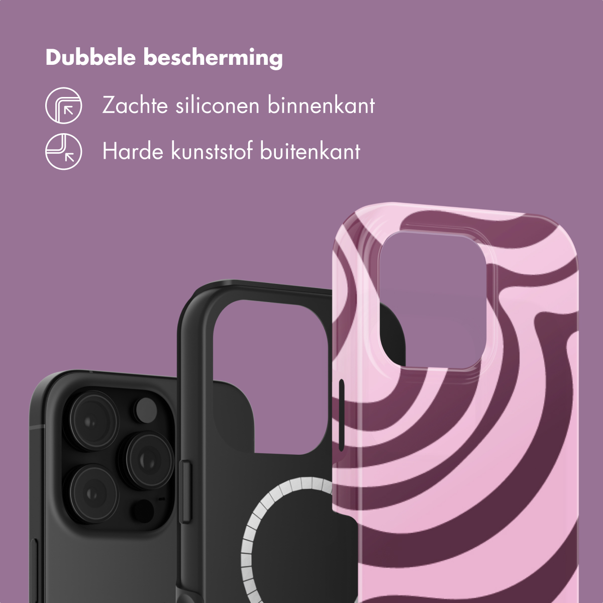 Tre cover per telefono: una nera con fotocamere, una nera e una rosa-viola vorticosa.