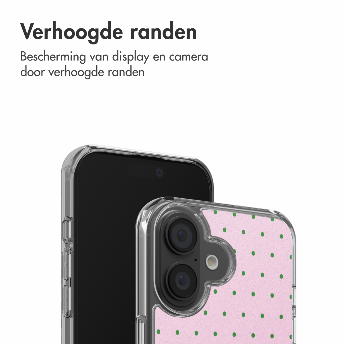 Een transparante telefoonhoes met roze stippenpatroon.