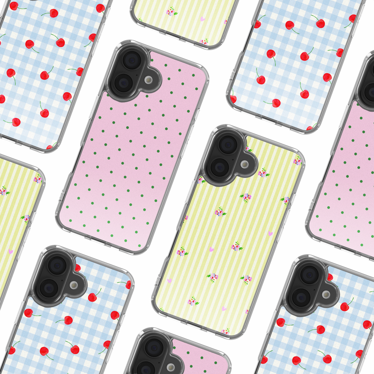 Meerdere telefoonhoesjes met patronen: kersen op blauw ruitjes, groene stippen op roze, bloemen op gele strepen.
